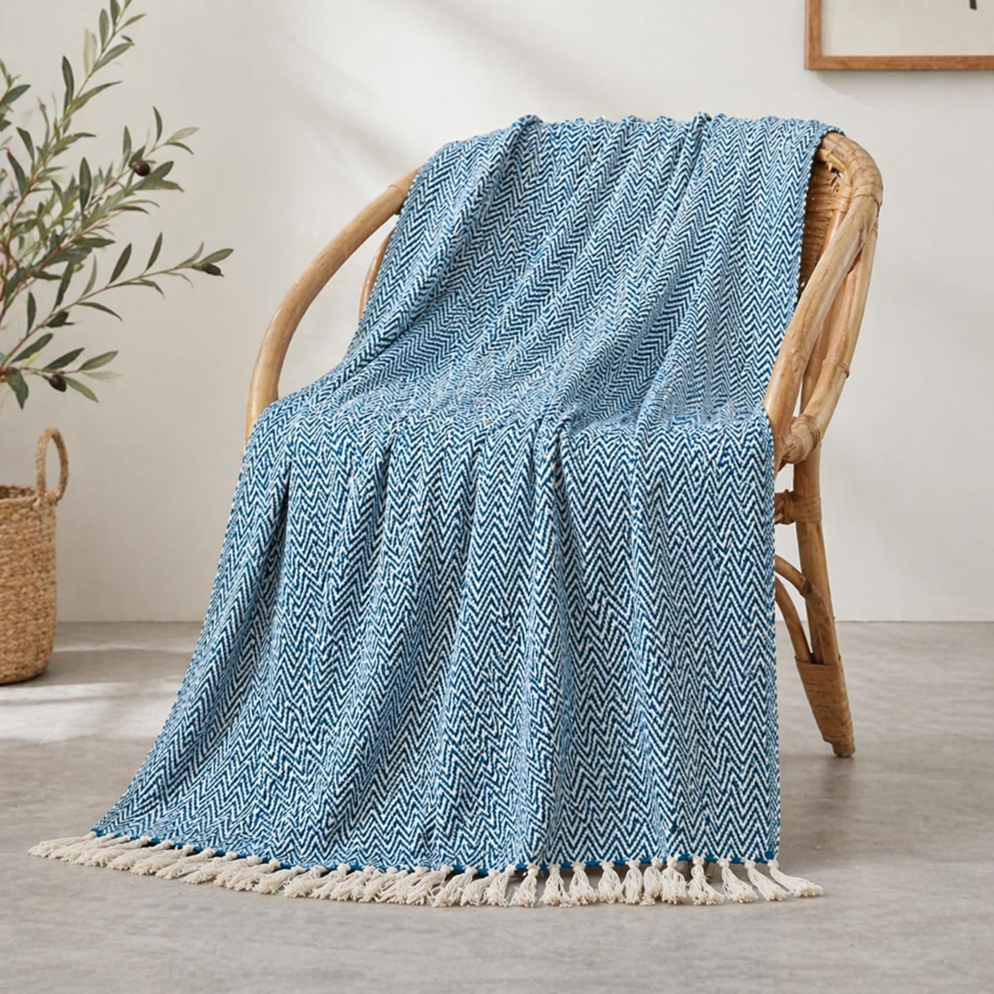 Tarantaran Blue Sofa Throw Blanket Cotton Herringbone Pattern, Cozy Bed Cover with Tassels for Living Room Style-image-49