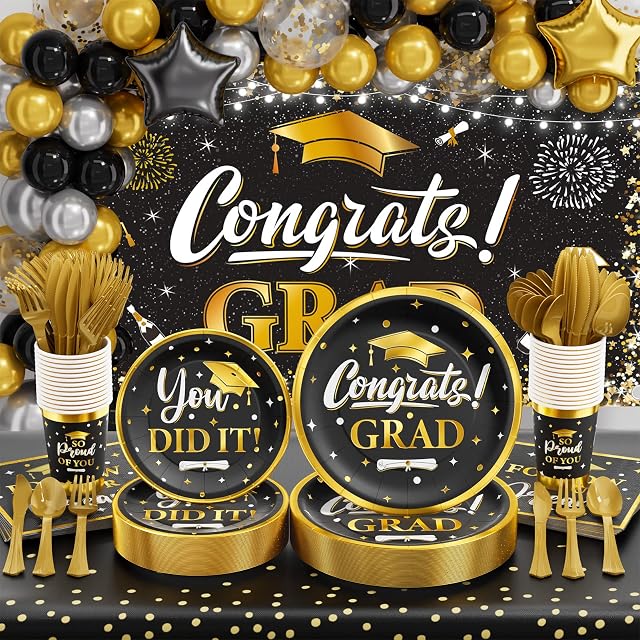 Ecomore 2024 Graduation Party Decoration Supplies, 245PCS College Graduation Decor Disposable Dinnerware(Serve 25) with Paper Plate Cup Napkin Cutlery Tablecloth Backdrop Balloon Garland(Black & Gold)