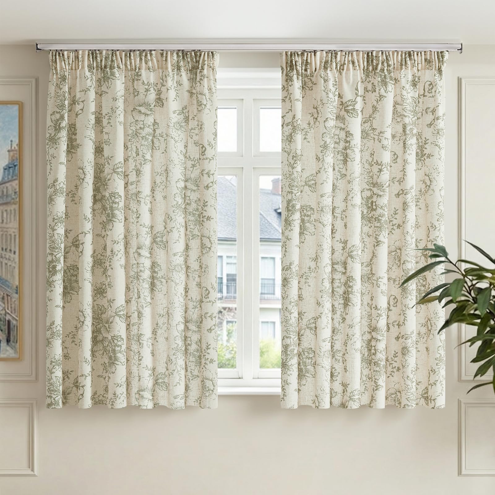 TOPICK Green Floral Curtains, Linen Look Sheer Curtains W55xL54 Inch, 2 PCS