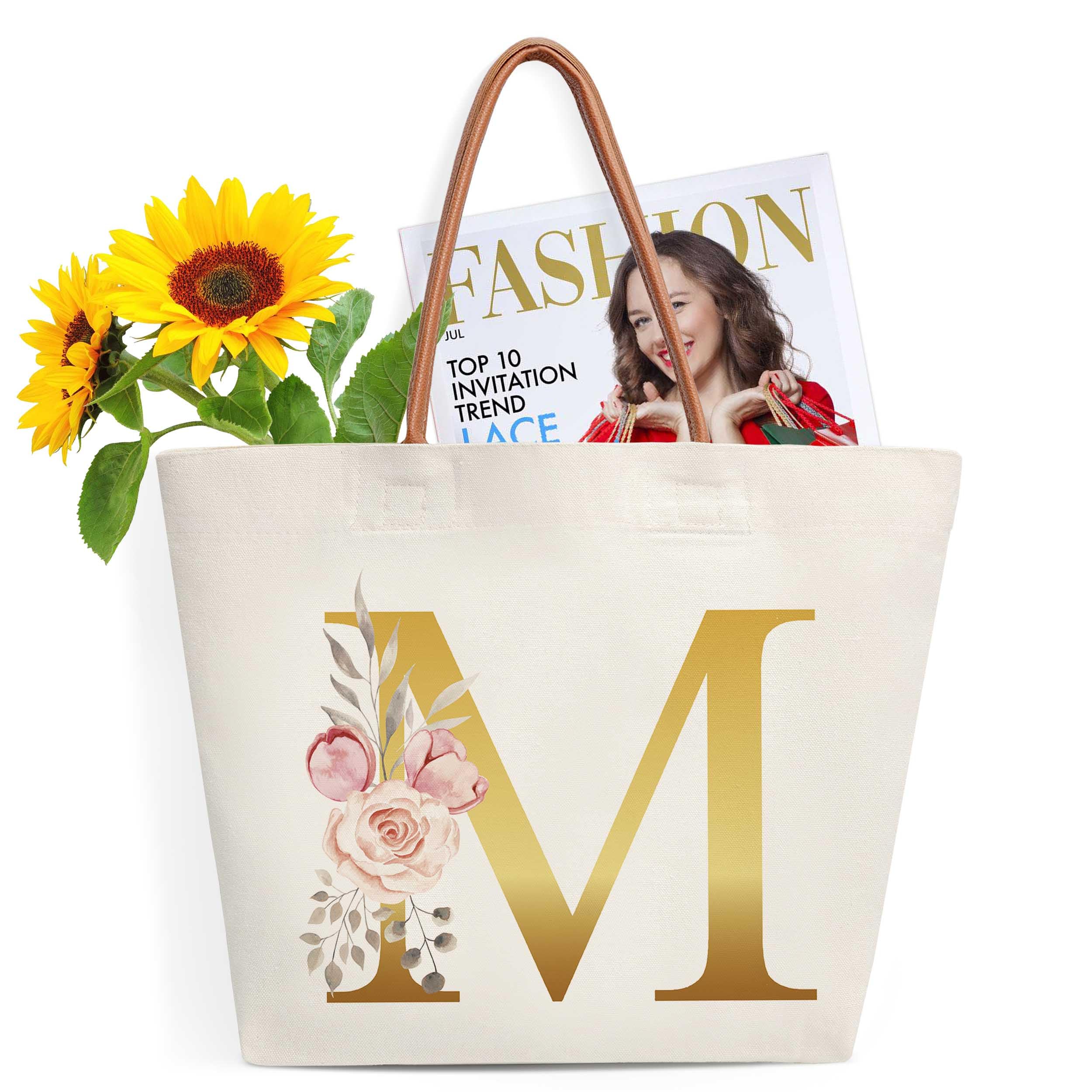 Yiqhpy Initial Canvas Tote Bag-M, Bridal Shower Gifts for Bride, Birthday Gifts for Women Mom Sister, Personalized Multipurpose Shoulder Bag with Leather Handle, Durable Beach Bag Shopping Bags,M
