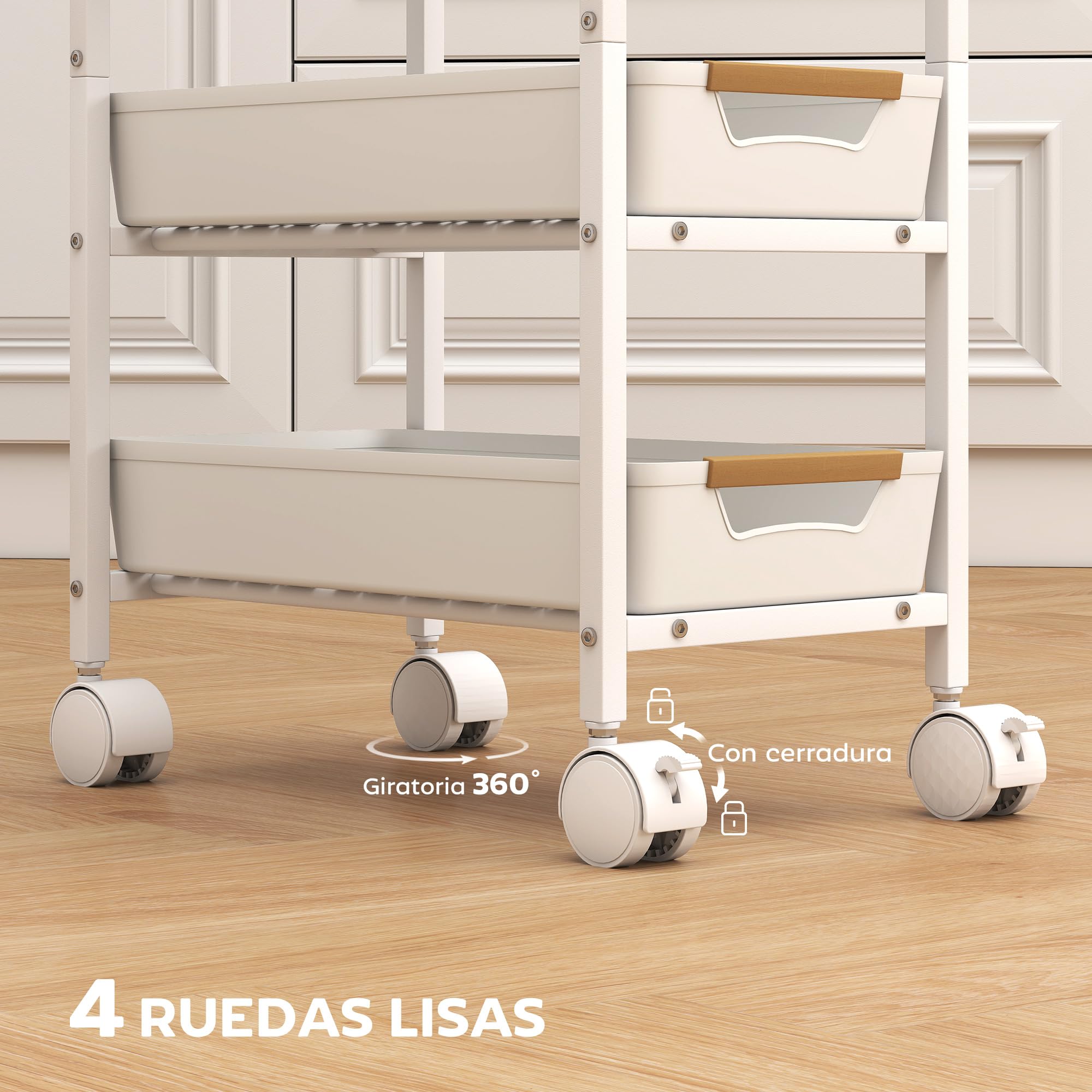 HOMCOM Carro de Cocina de Almacenamiento de 5 Niveles Carrito Auxiliar con Ruedas Tablero Efecto Madera y 4 Cajones Extraíbles Carrito de Cocina para Comedor Salón 39,5x24x82 cm Blanco