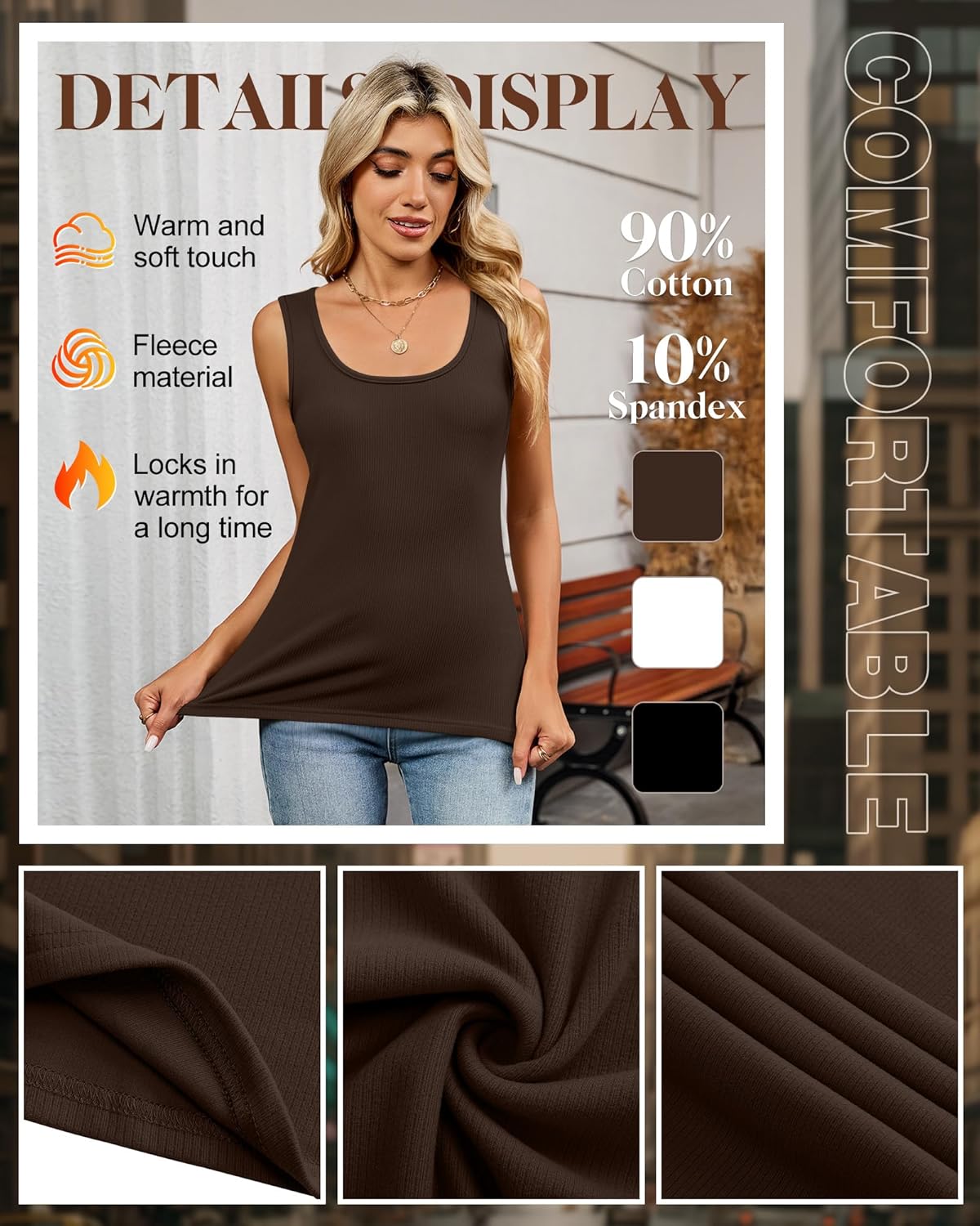 3 Pack Women's Thermal Tank Tops Ribbed Scoop Neck Cotton Sleeveless Undershirts Fleece Lined Camisole Base Layer - Image 5