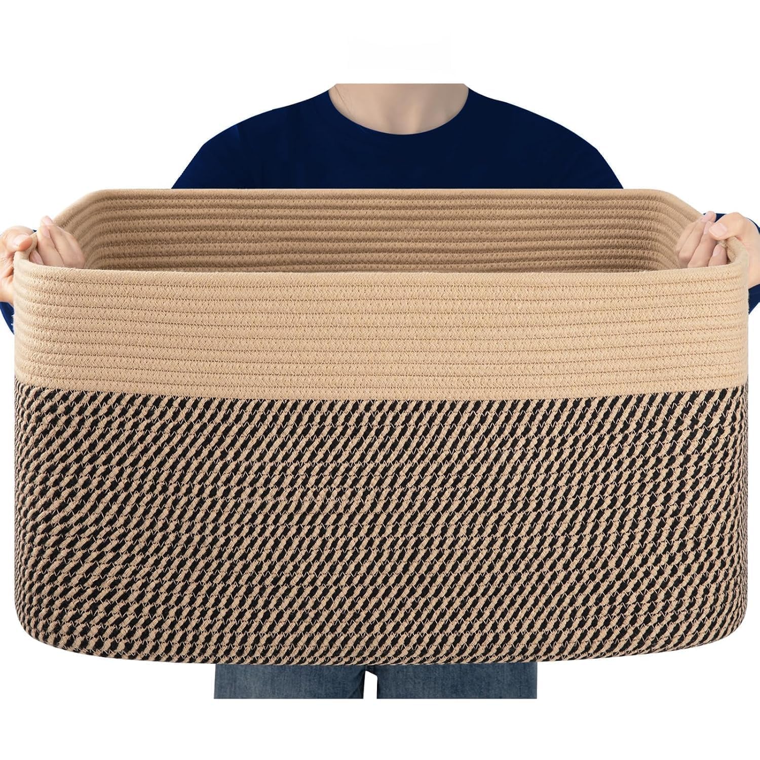 Large Rectangle Woven Cotton Rope Storage Basket, 20" X 15" X 12", 87L Capacity (Biege Multi)-image-29