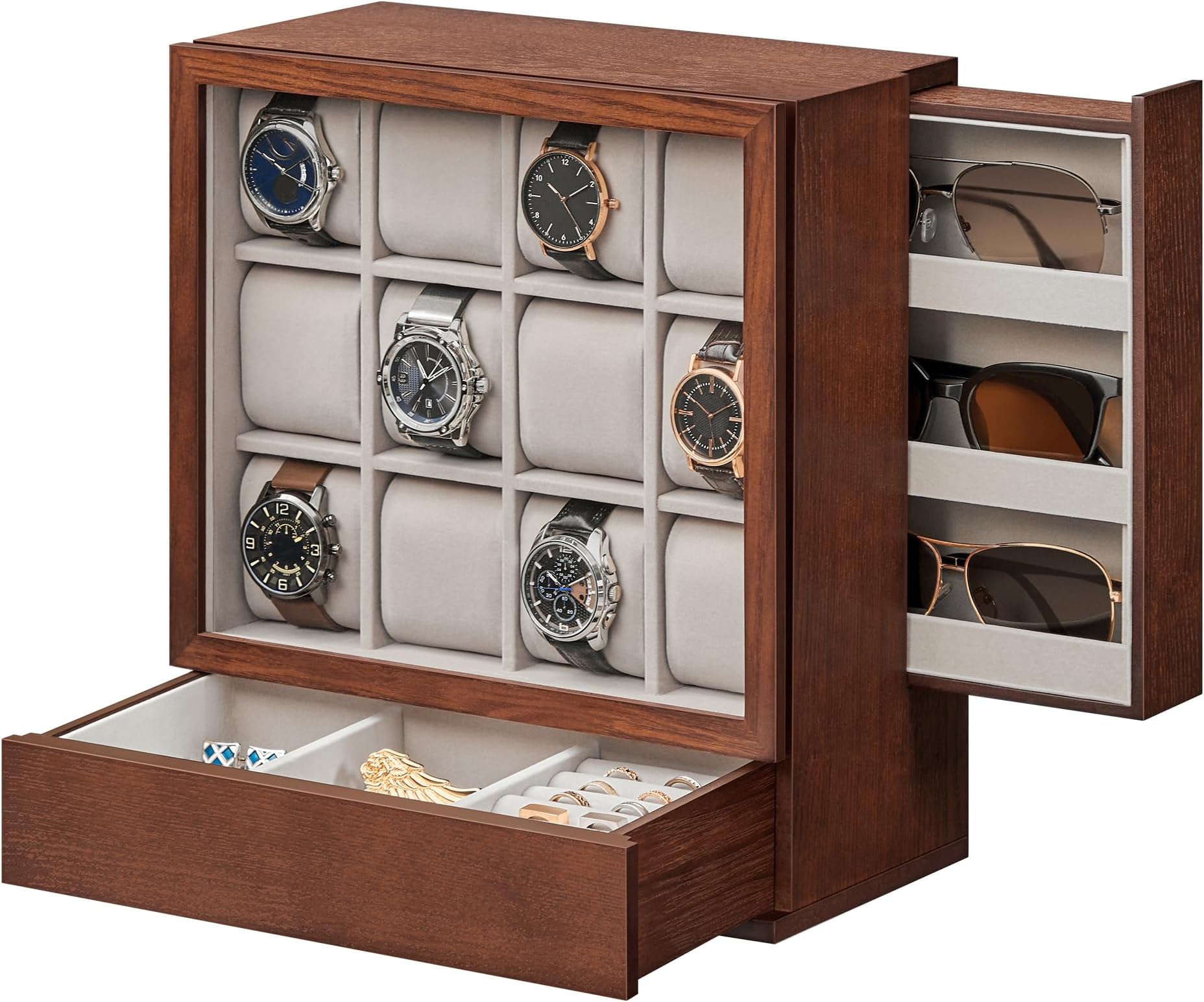 SONGMICS 12-Slot Watch Box, Christmas Gifts, Watch Display Case with Window, Watch Display Cabinet with Wood Grain Surface, Velvet Lining, Vertical Storage, Gift Idea, Coffee Brown UJOW014K01