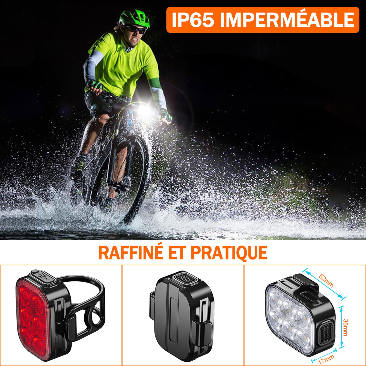 Set Éclairage Vélo – Phare Avant/Arrière 3 Modes, USB-C, IPX4, Compact 3,5cm, Montage Silicone, Sécurité Nuit