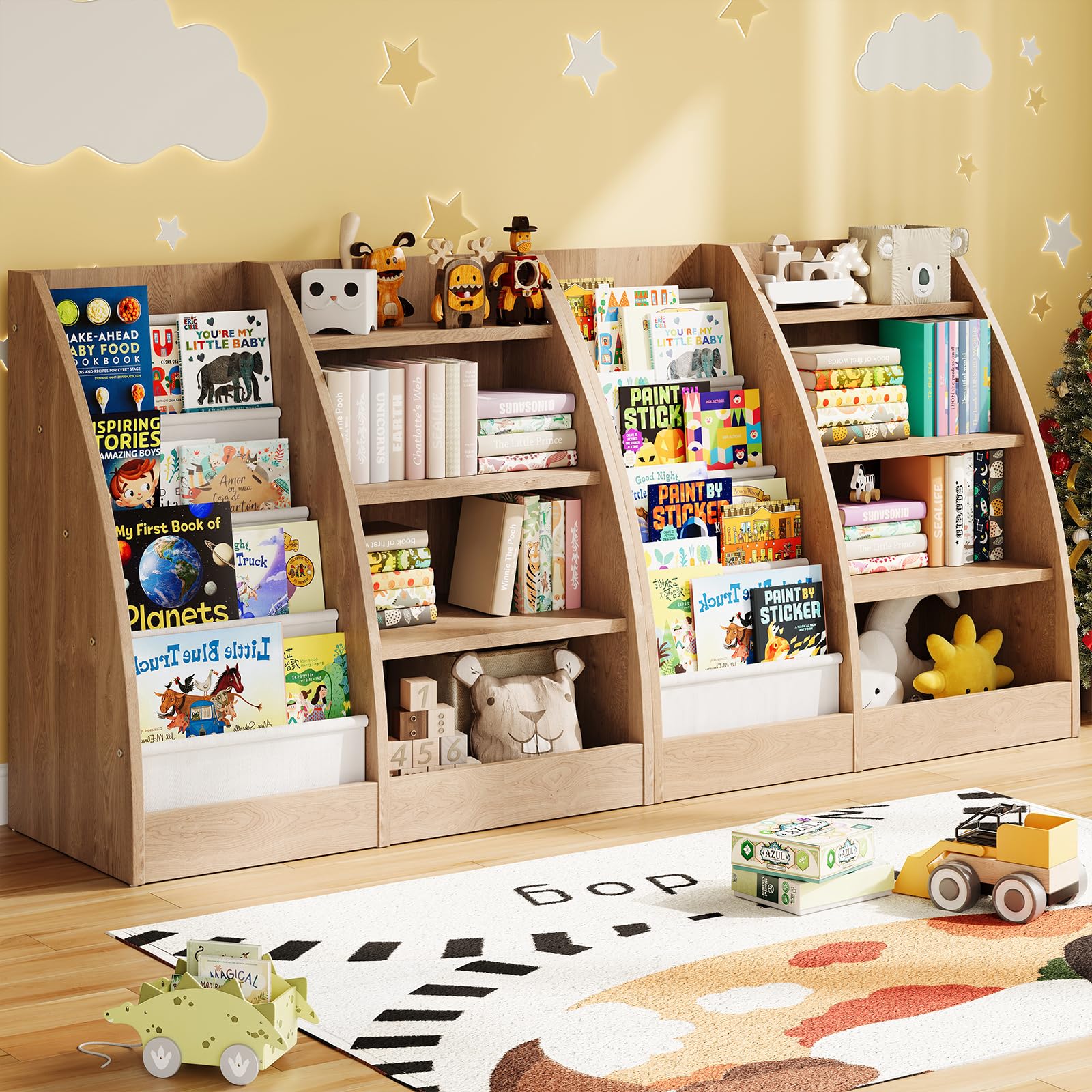 4 Tier Kids Bookshelf Set of 2,4 Layer Sling Kids Book Shelf for Kids Rooms,Wood Children Bookcase,Baby Storage Book Rack,Toddler Bookshelf, Book and