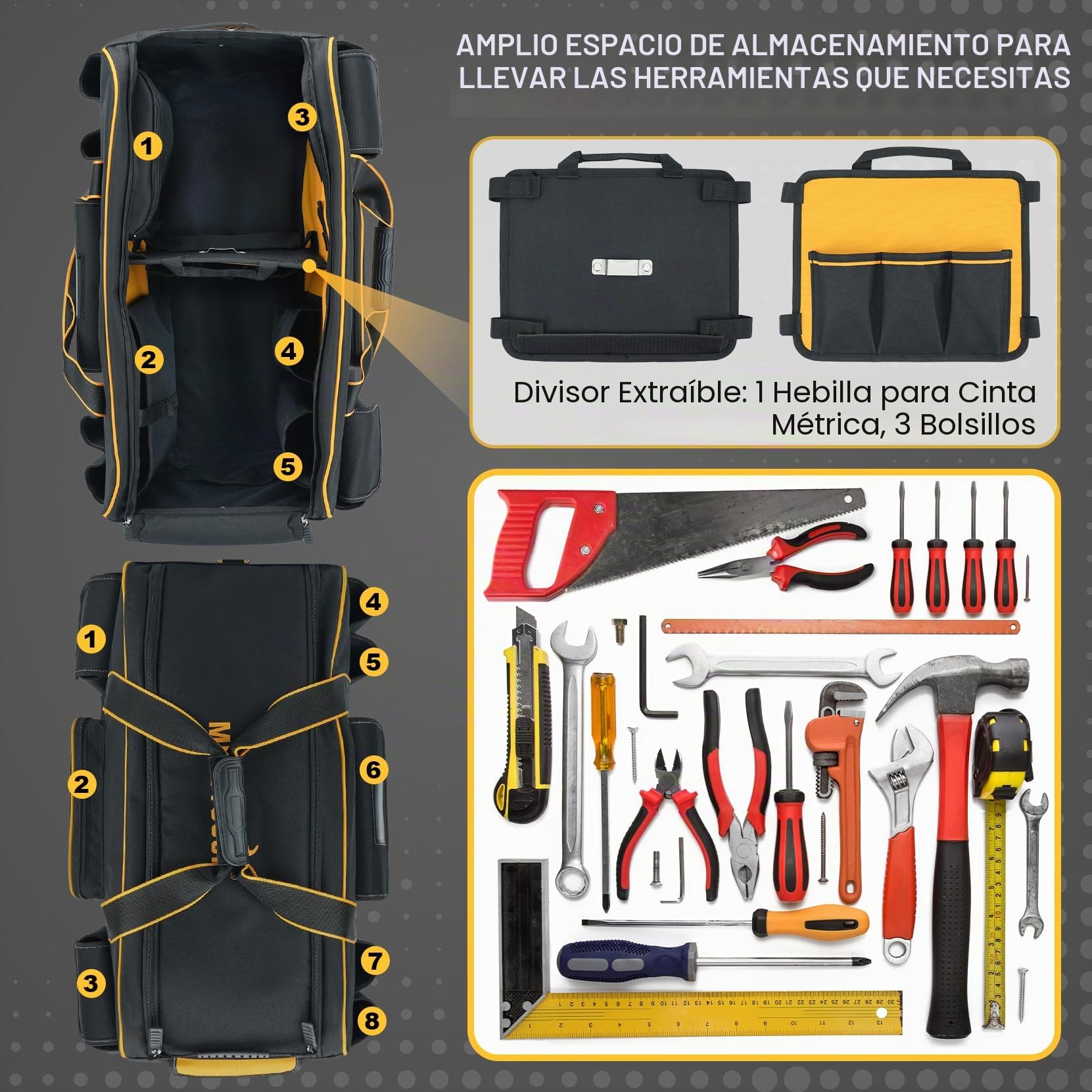 MELOTOUGH Bolsa de herramientas rodante con ruedas, organizador de bolsas de herramientas de gran capacidad con asa telescópica oculta para electricistas, construcción, HVAC, técnicos (amarillo/negro)