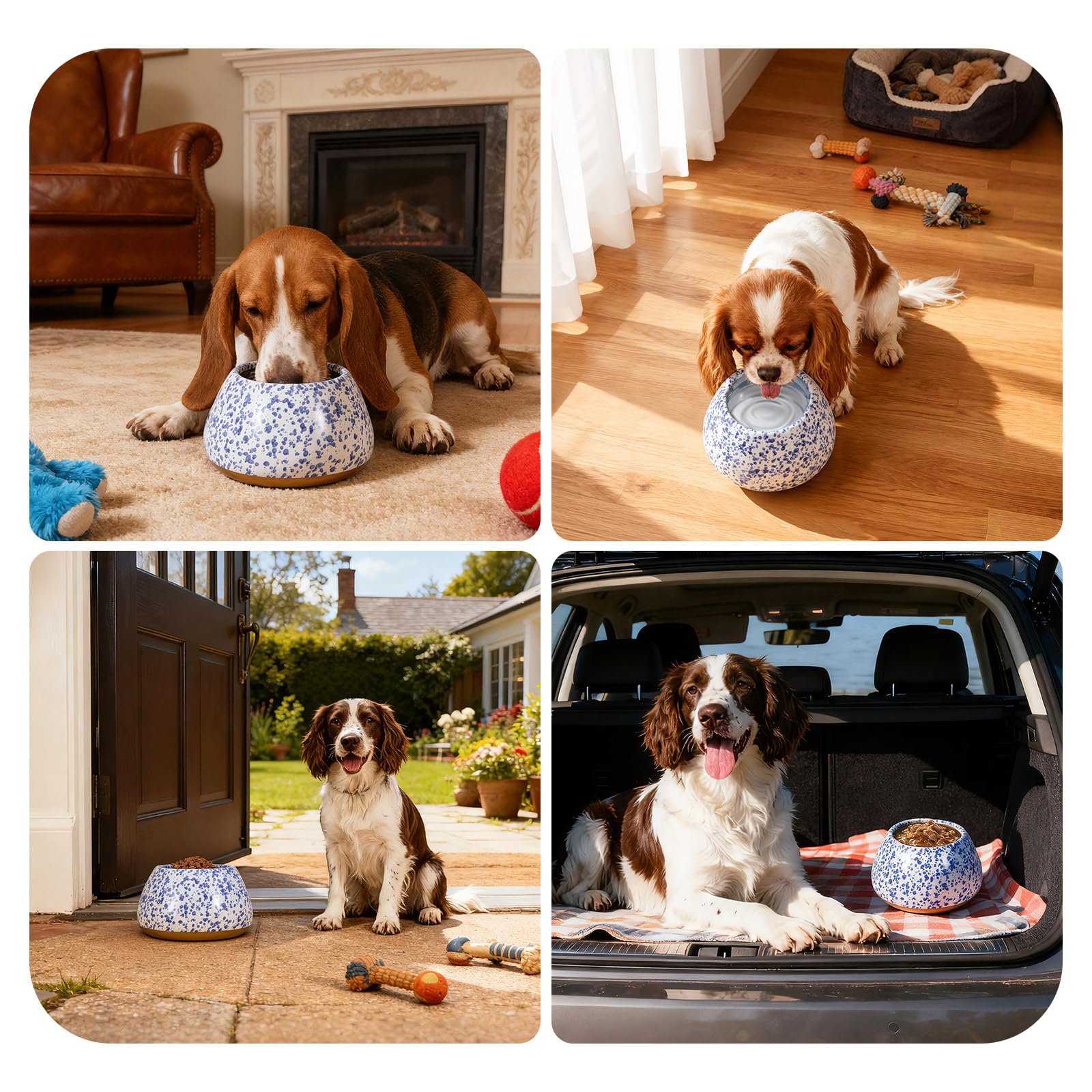 Ceramiczne miski dla psów, długie uszy duże psy miski na wodę i karmę - bez rozlania miska dla zwierząt biała z niebieskimi plamkami, cocker spaniel beagle bassett hound