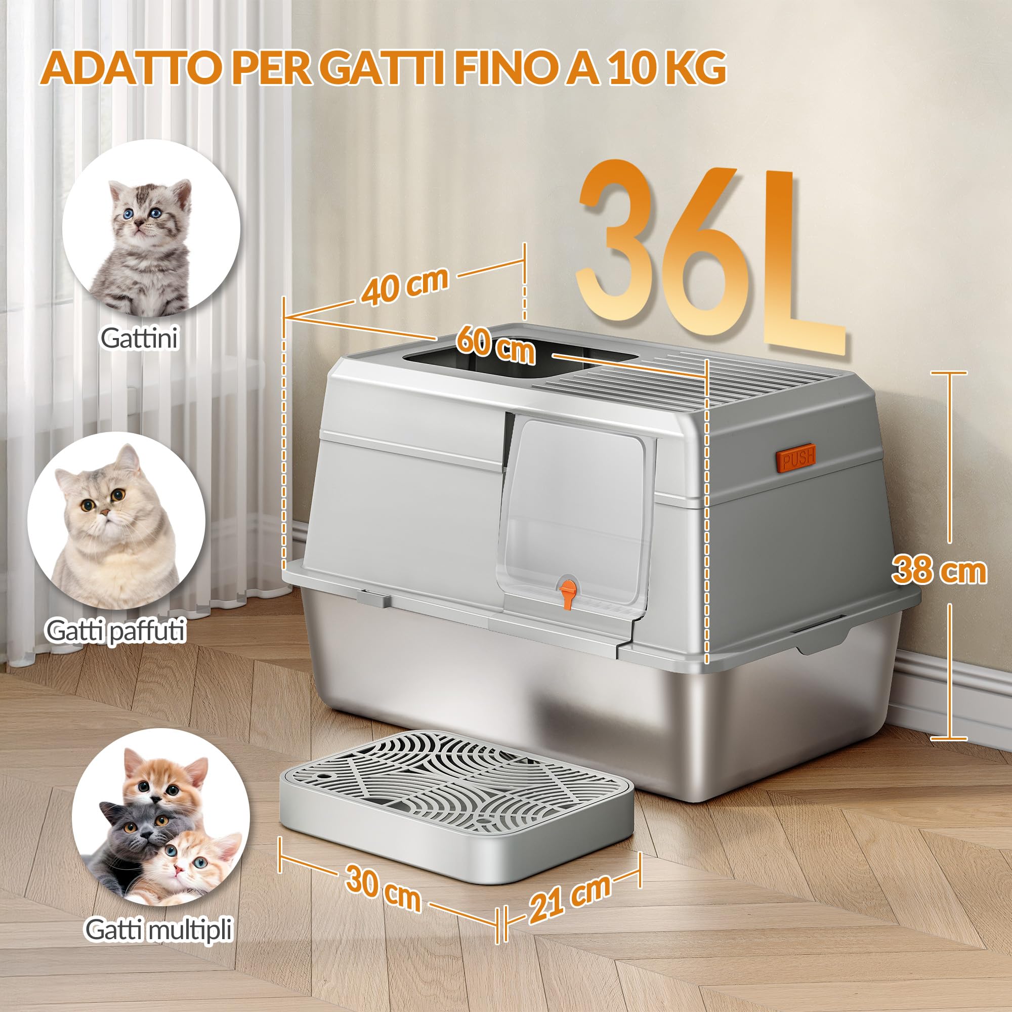 Lettiera Acciaio Inox Chiusa con Coperchio, Lettiera Acciaio Inox XXL Gatto, con Pedana e Paletta, Facile da Pulire, Doppio Ingresso, Rimovibile, 60 x 40 x 38 cm, Grigio Chiaro, FPLB204SG1