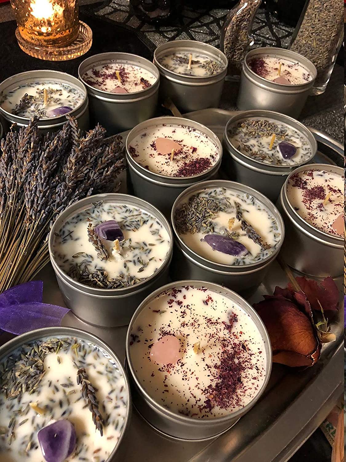 Las latas de Velas para Hacer Velas, los Kits de fabricación de Velas Incluyen 48 tarros de Vela vacíos de 8 Oz con Tapas, 50 mechas de algodón, 4 Soportes de Mecha (Silver,48)