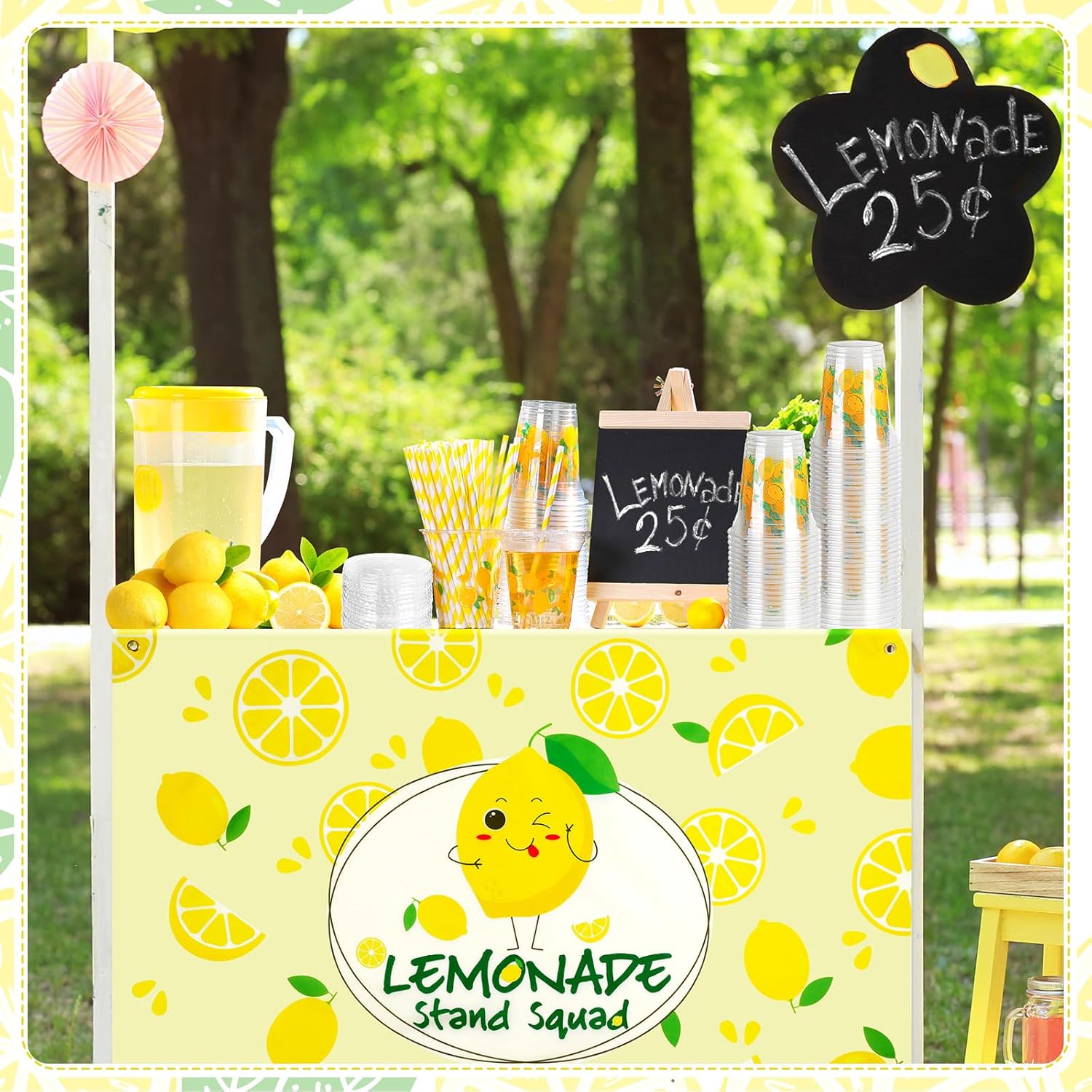 Bokon Lemonade Stand Supplies Include 100 Pcs Cups with Lids and Paper Straws, Tablecloth, Pitcher, Wooden Blackboard, Lemonade Stand Decorations Table Cover(Cute)