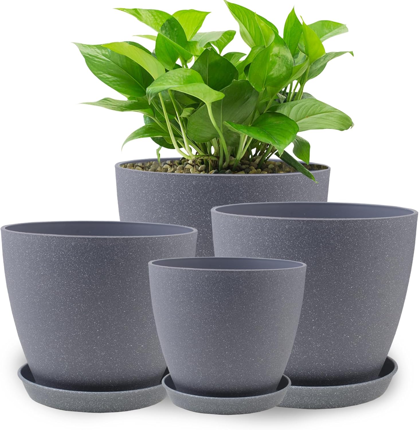 Plant Pots- 8.5/7.5/6.5/6 Inches 4 Pack Plastic Plant Pots,Indoor Decor Flower Pots with Drainage Holes and Tray,Home Decor Planters for Indoor Plants Cactus, Succulents Pot Gray 8.5/7.5/6.5/6 inch