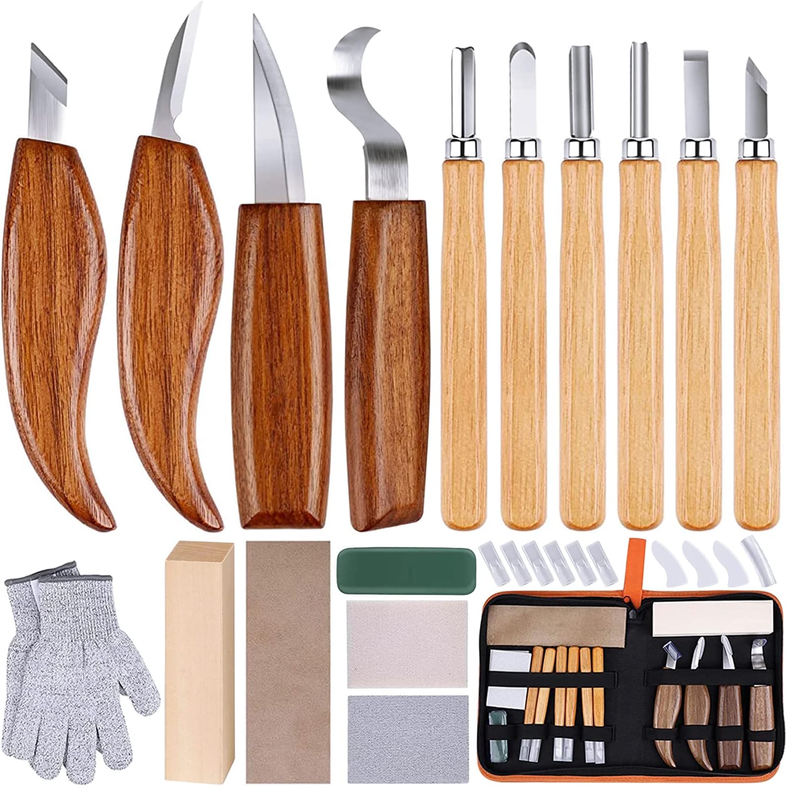 26-in-1 Wood Carving Kit with Detail Wood Carving Knife, Whittling Knife, Wood Chisel Knife, Gloves, Carving Knife Sharpener for Spoon, Bowl, Kuksa Cup (26PCS)