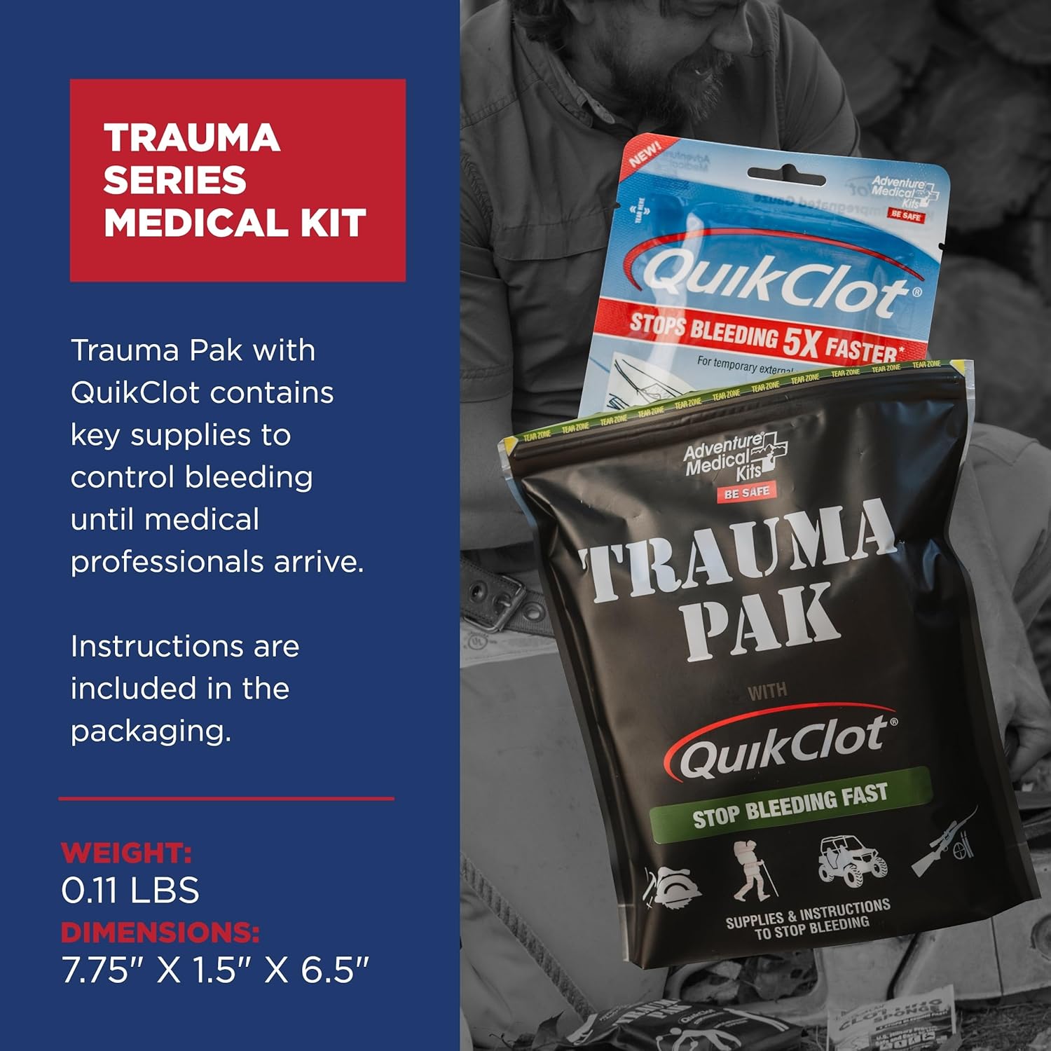 Adventure Medical Kits Trauma Pak with QuikClot & QuikClot Gauze 3" x 2’ - Medical Kit with Gloves, Gauze, Dressing & More - First Aid Kit Includes QuikClot Dressing - Supplies for Wound Care