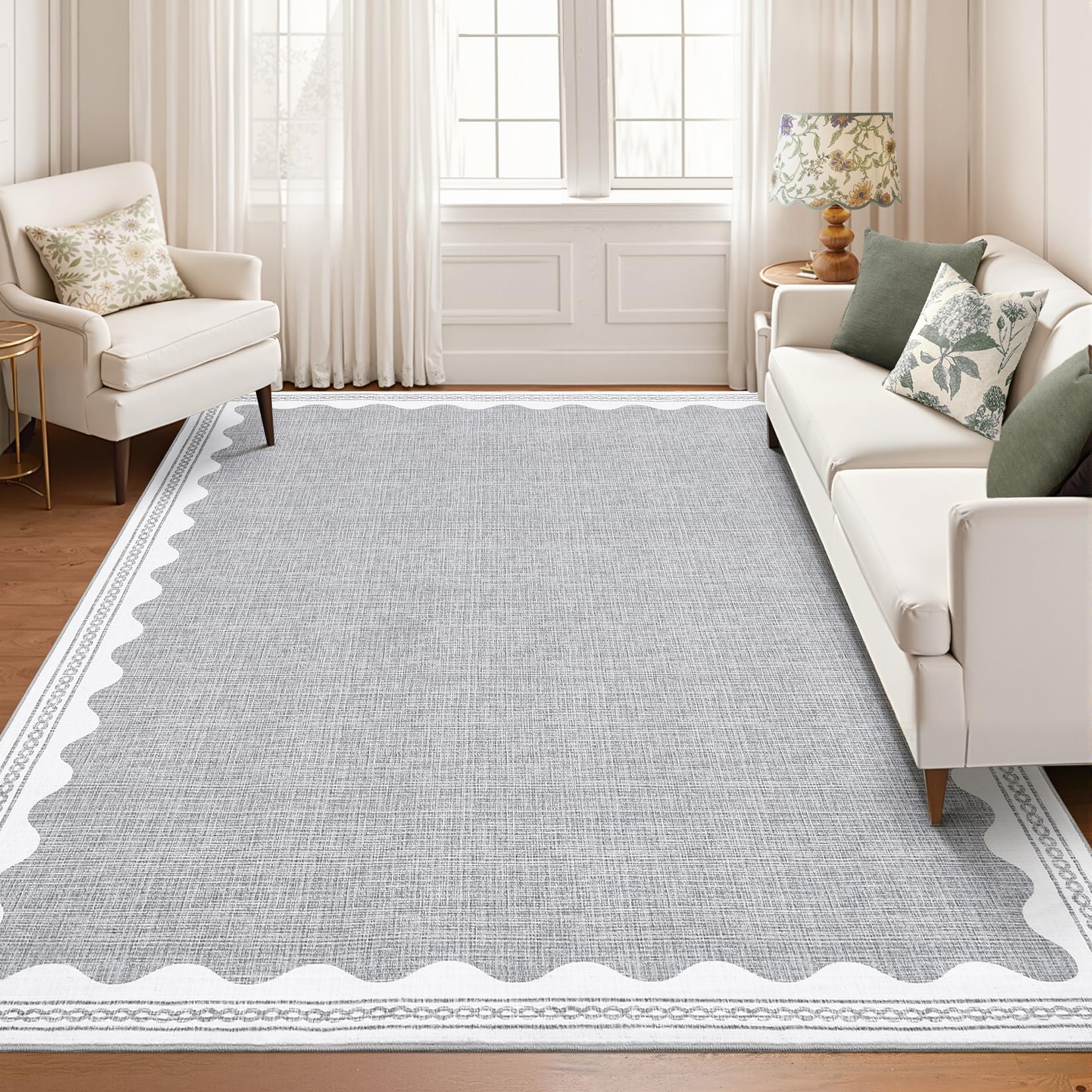 Large Area Rugs Living Room 160x230cm Washable Rugs for Bedroom, Non Slip Low Pile Modern Scalloped Indoor Carpet, Stain Resistant Foldable Floor Mat for Nursery, Office, Grey โ image 1