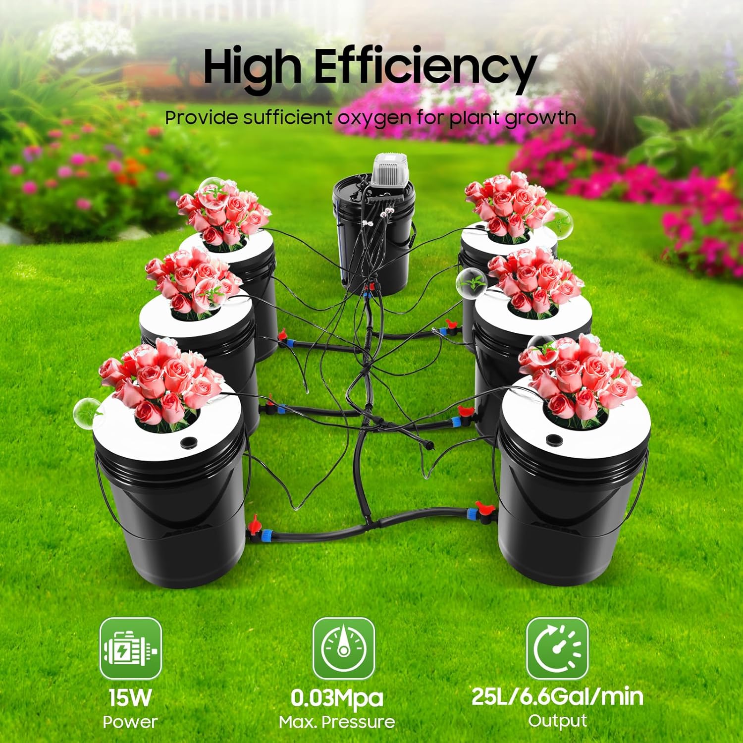 Hydroponics Grow System, 5 Gallon Deep Water Culture Growing Bucket, 6 Buckets + Reservoir Kit+ Air Pump, for Indoor/Outdoor Leafy Vegetables, Black