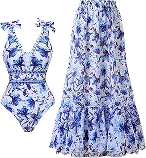 Sthxyfaith Womens One Piece Bikini Swimsuit with Beach Cover Up wrap Skirt Retro Floral Print Set 2Pice Bathing Suits for Womens