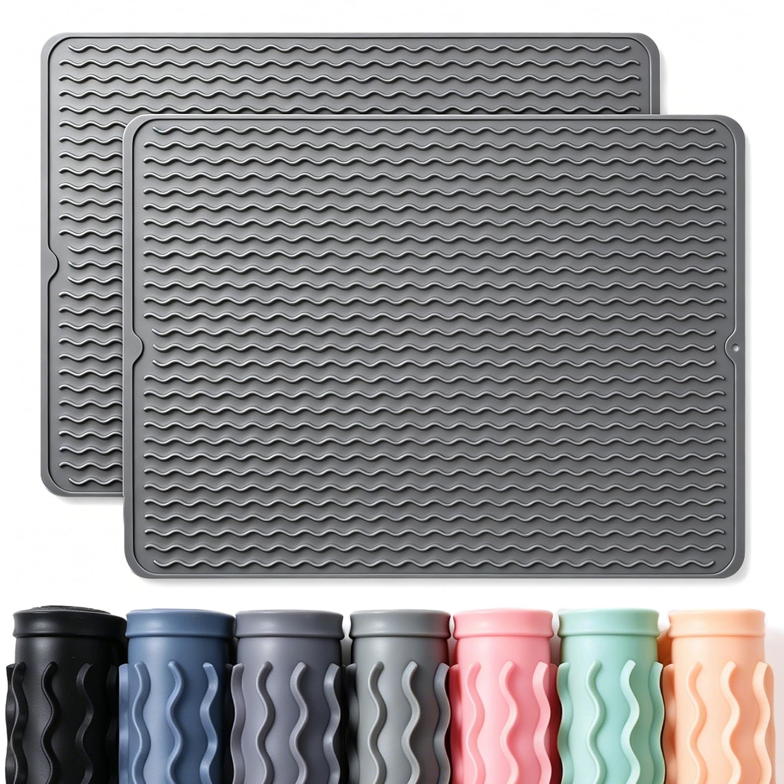 2 Pack Caketime Silicone Dish Drying Mat for Kitchen Counter Coffee Bar Accessories Heat Resistant Waterproof Dining Under Sink Organizers Dog food mat Must Haves Extra Large 24"x18" Gray Gray 24"*18" 2
