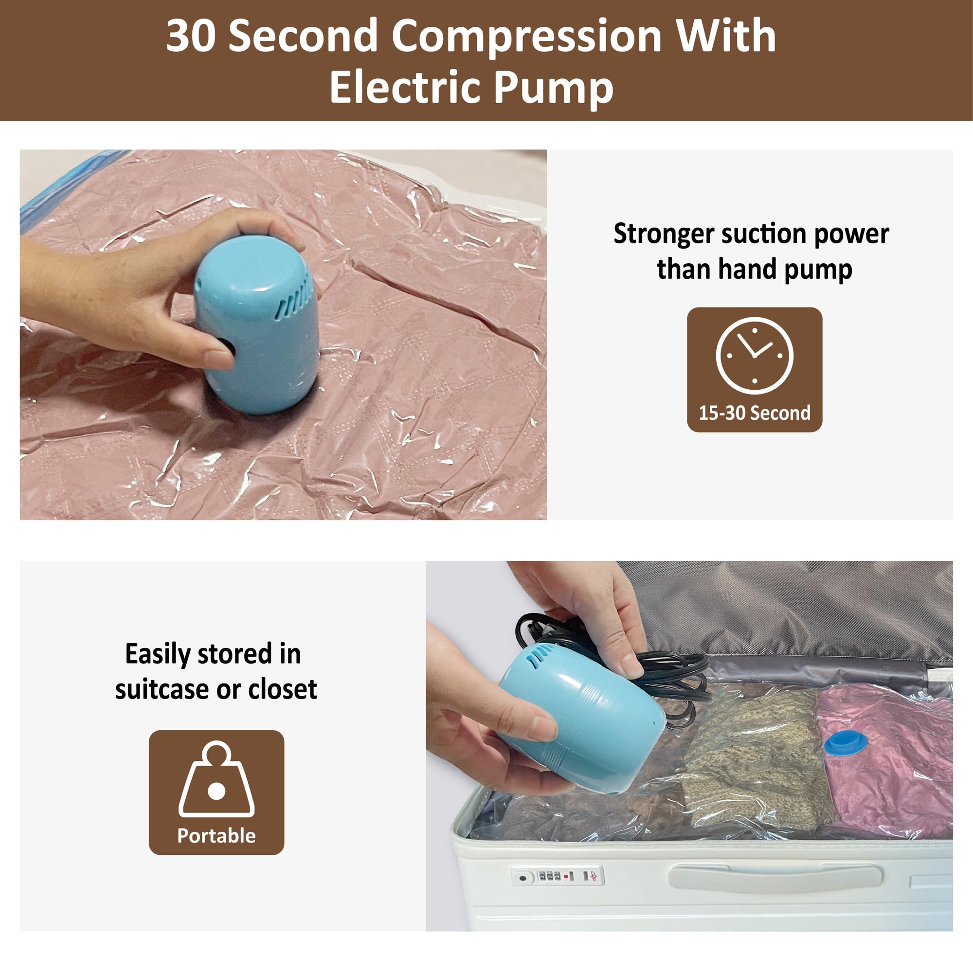 MattEasy Bolsas de almacenamiento al vacío con bomba eléctrica, paquete de 20 (3 jumbo, 3 grandes, 7 medianas, 7 pequeñas), bolsas de ahorro de espacio con bomba, bolsas selladas al vacío para ropa,
