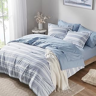Codi Full Size Bedding - 7 Piece Blue & White Striped Reversible Bed-in-a-Bag, All-Season Modern Comforter Set, Complete with Comforter, 2 Pillow Shams, Flat Sheet, Fitted Sheet, and 2 Pillowcases