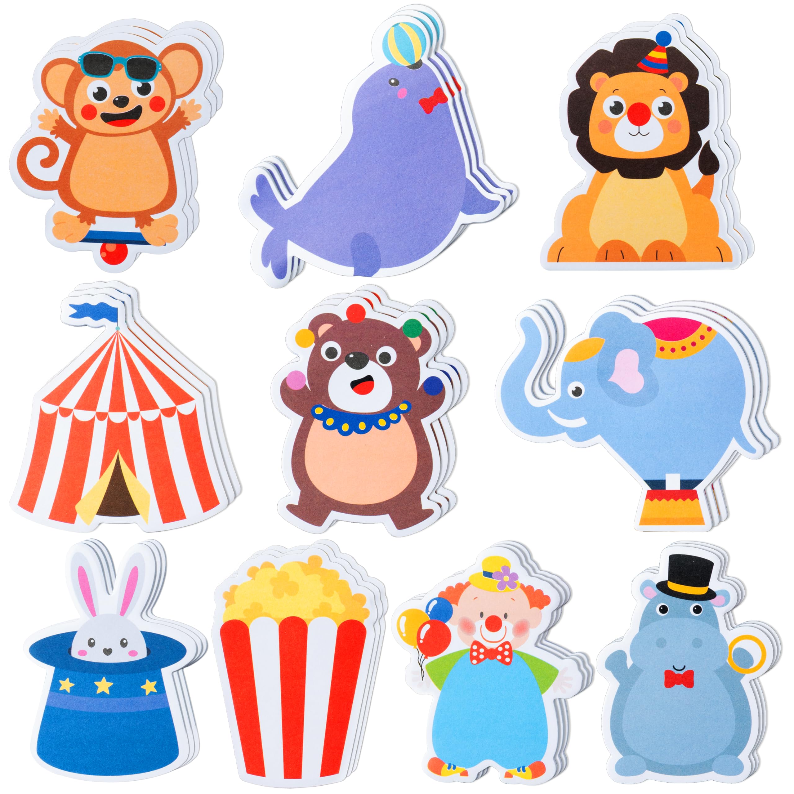 Xqumoi 30 Pack Circus Sticky Notes - Carnival Self Sticky Notepads Circus Clown Cute Animals Writing Memo Pads for Back to School Office Supplies