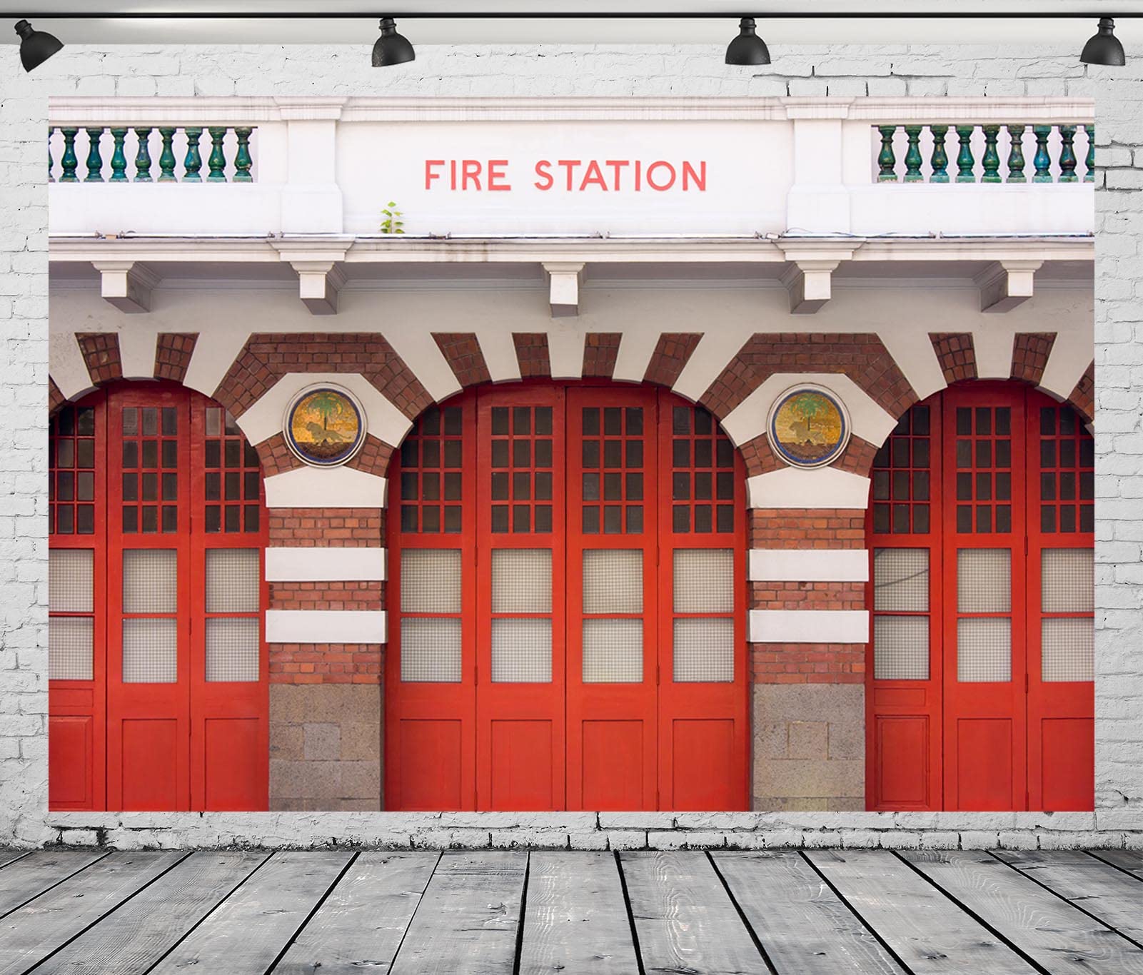CORFOTO 15x8ft Fabric Modern Fire Station Backdrop Historical Red Building Firehouse Entrance Photography Background for Kids Firetruck Birthday Party