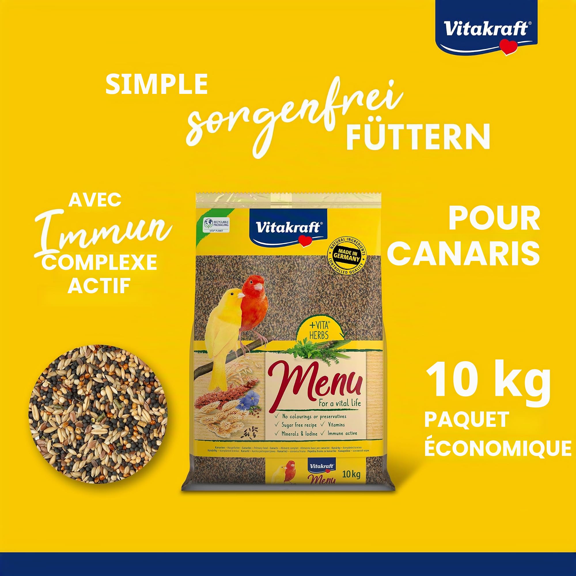 Vitakraft Menu 10 kg, Nourriture Principale pour canaris, avec vitamines, avec Complexe immunitaire Actif et Herbes (1 x 10 kg)