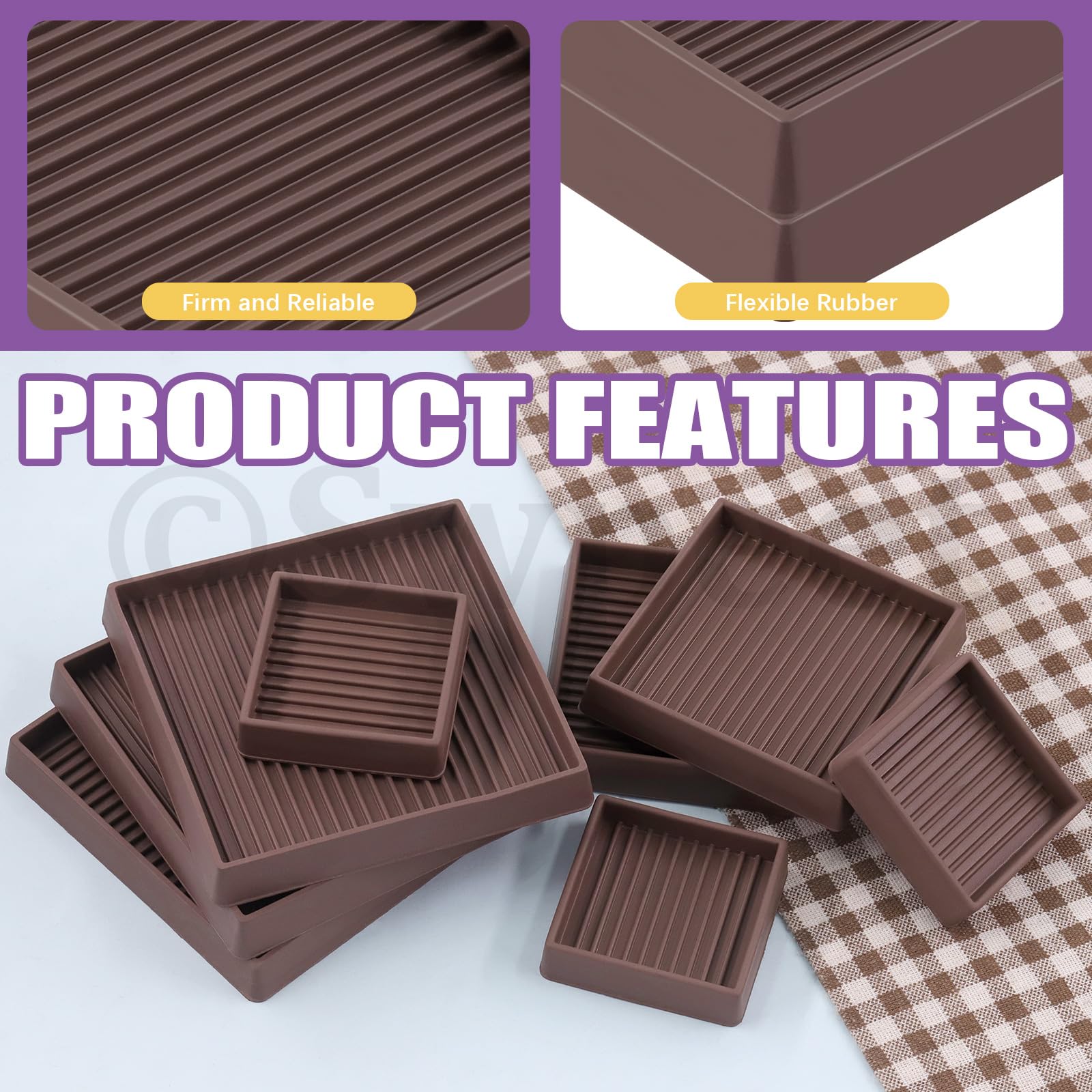 Swpeet 4Pcs 2" x 2" Square Brown Rubber Anti Skid Caster Cups Non Slip Furniture Pads Kit, Anti-Slip Gripper - Image 4