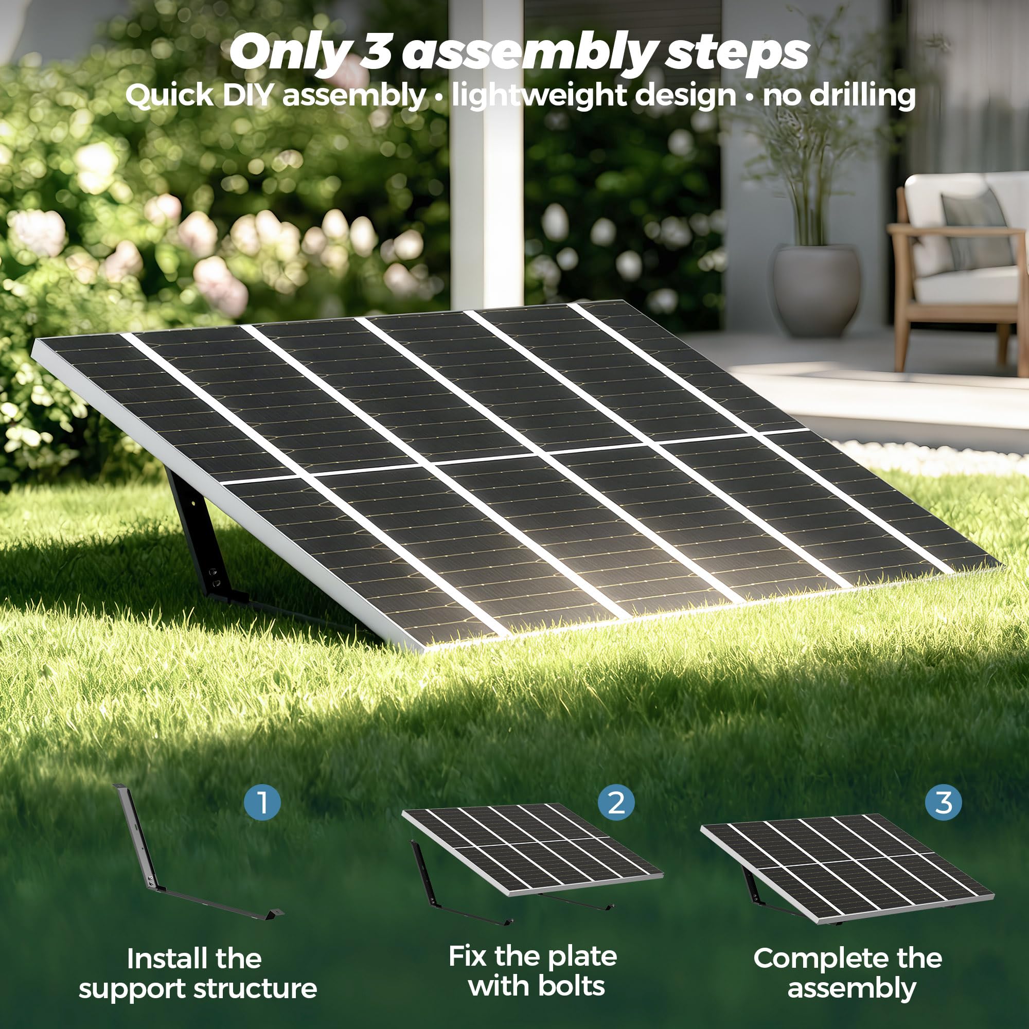 Staffa per pannello solare per tetto piatto e giardino, 2 set di staffe per centrali elettriche per balcone, angolo di inclinazione di 20°, nero, acciaio HV, antiscivolo, facile da montare, per patio