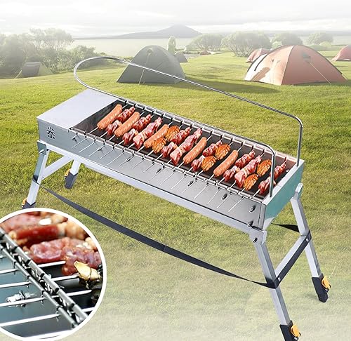 Miniatura 6 de Parrilla de carbón eléctrica plegable USB, parrilla giratoria automática de acero inoxidable con 17 varillas de asado para acampar al aire libre,
