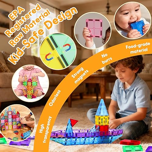 Miniatura 6 de HAPPYMATY Azulejos magnéticos antibacterianos mejorados  106 azulejos de construcción magnéticos con 2 autos para niños, inhibe el crecimiento