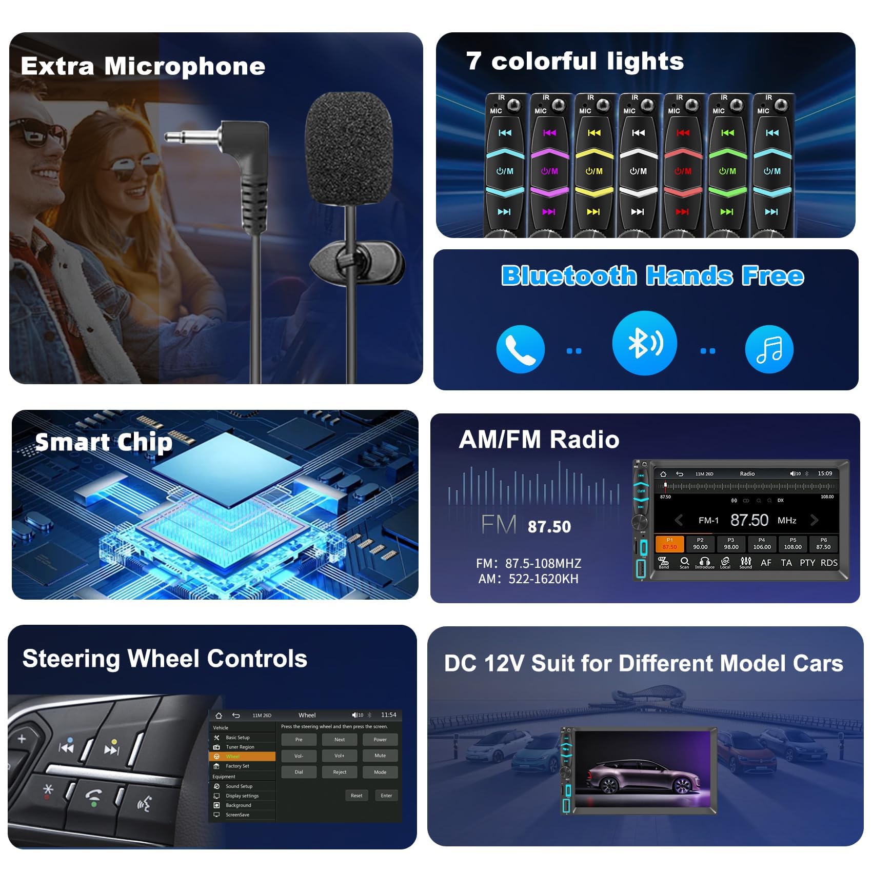 Autoradio 2 Din Carplay et Android Auto sans Fil, 7 Pouces IPS Écran Tactile, Poste Radio avec Caméra de Recul, Bluetooth, Miroir Link, FM/AM/RDS, SWC, USB, Type-C, Navigation GPS, Contrôle Vocal