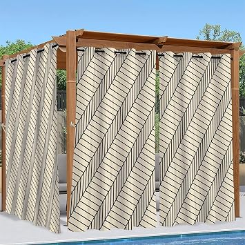 Beige Plaid Outdoor Curtains for Patio Waterproof, Geometric, Blackout Outside Curtains for Porch Gazebo Pergola Garden Cabana, 2 Panels W54 x L74 Inch, Privacy Light Blocking Drapes - A61