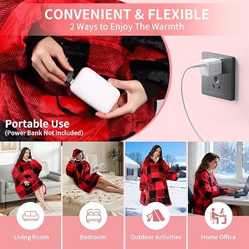 Askyli Wearable Heated Blanket Hoodie, Oversize Portable USB Heated Hooded Blanket 3 Heat Level, Overheat Protection Electric Heat Hoodie Blanket for Women Outdoor Indoor w/Giant Pocket(Not Battery)
