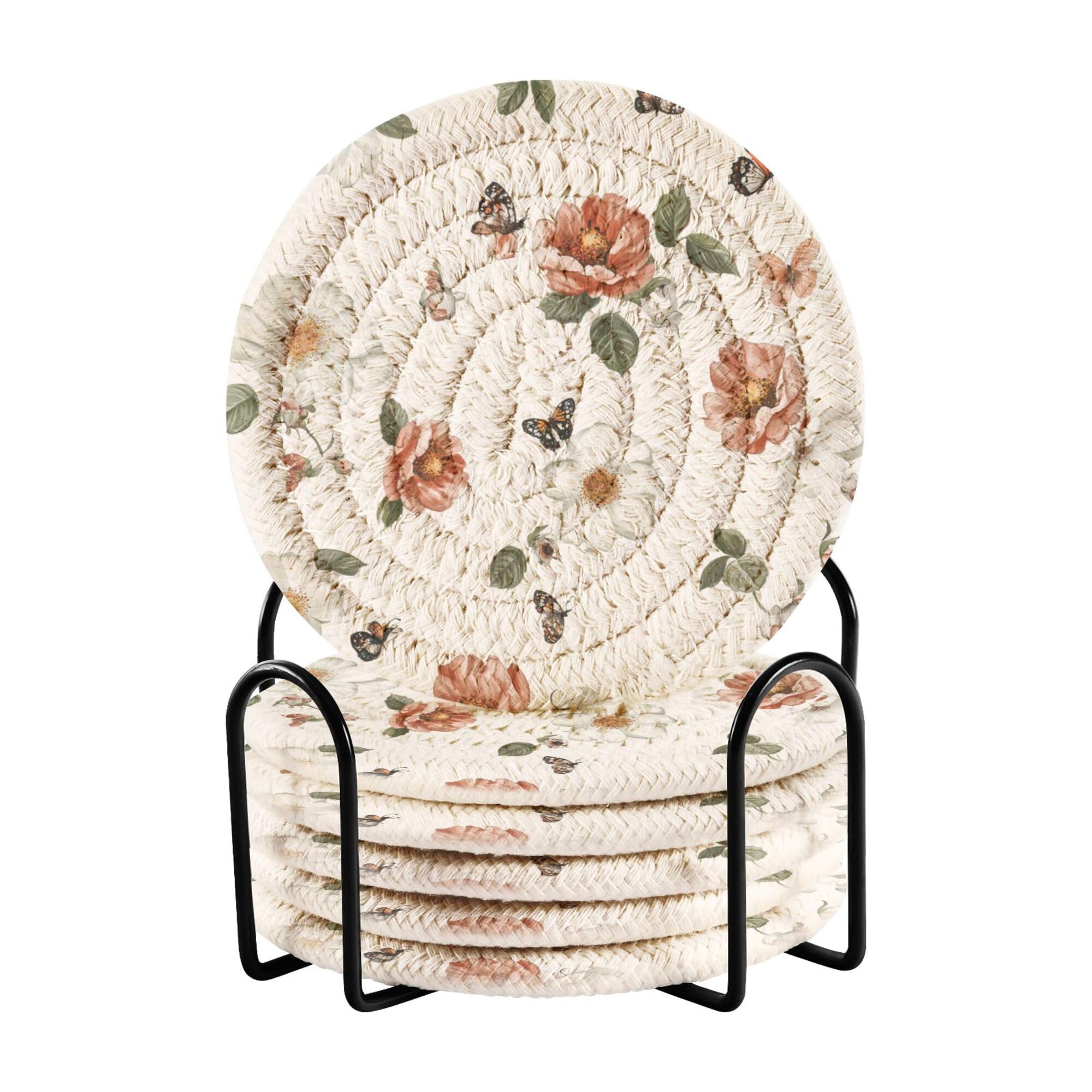 Unique Rose White Cotton Rope Absorbent Drink Coasters Set of 6 with Holder Table Cup Coasters Home Decor