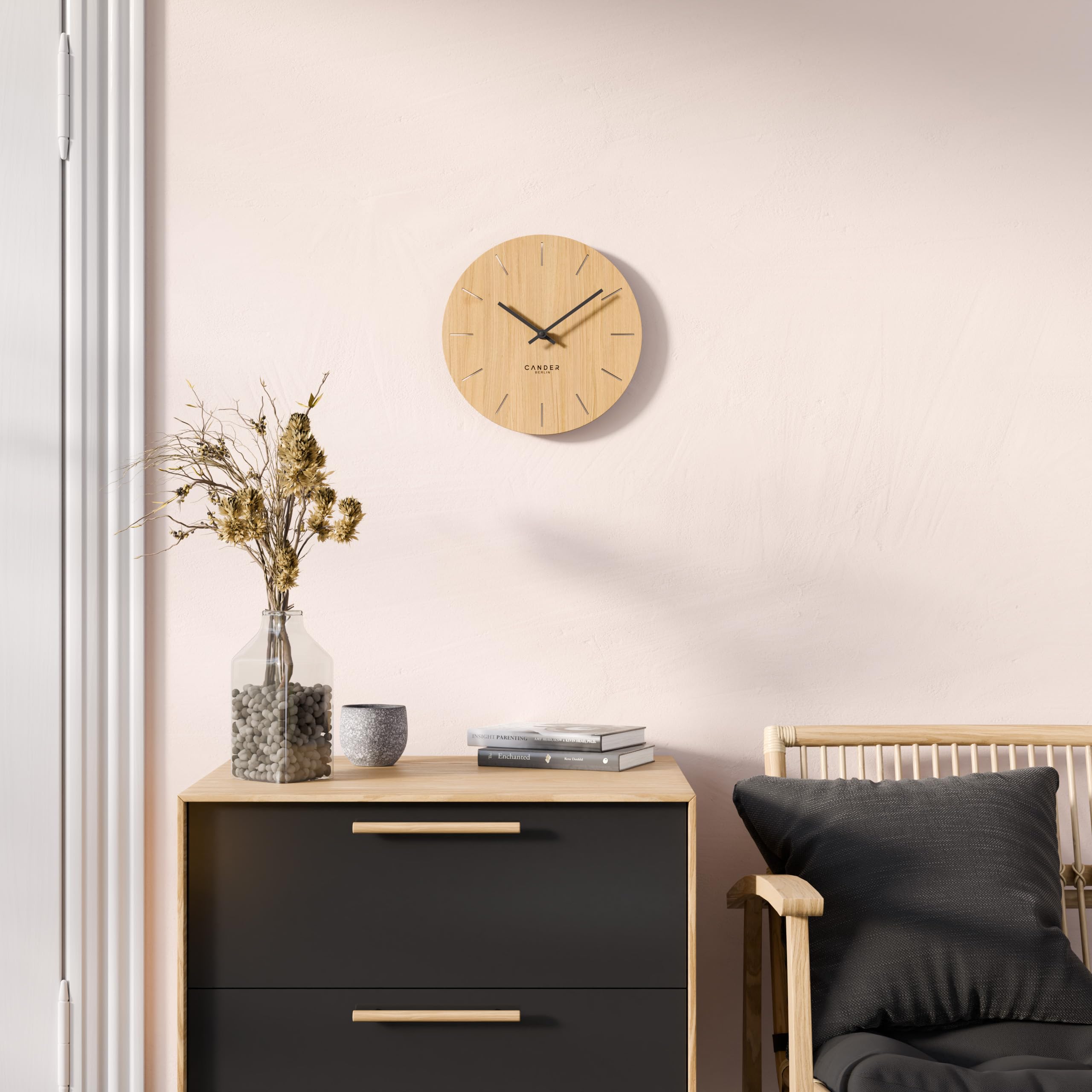 Cander Berlin MNU 2730 E - Reloj de Pared (Madera silenciosa, 28 cm), diseño de Roble Vintage sin Tic-TAC