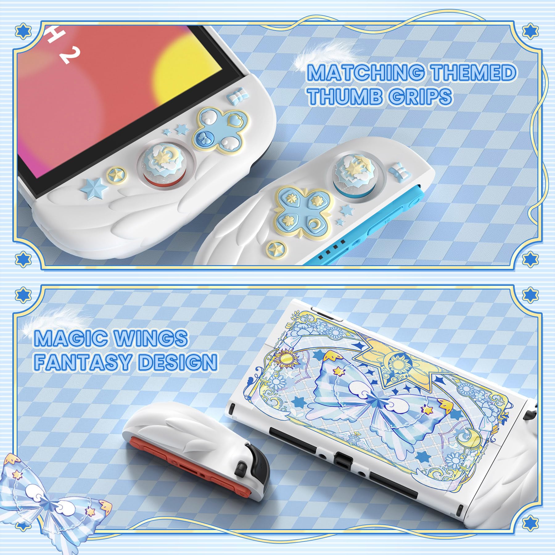 PlayVital Cover Silicone per Joycon 2, Custodia Protettiva Dockable Rigida per Nintendo Switch 2 Console&Supporto Regolabile Extra&Copri Analogici Carini, Anime Ali Magiche-Bianco