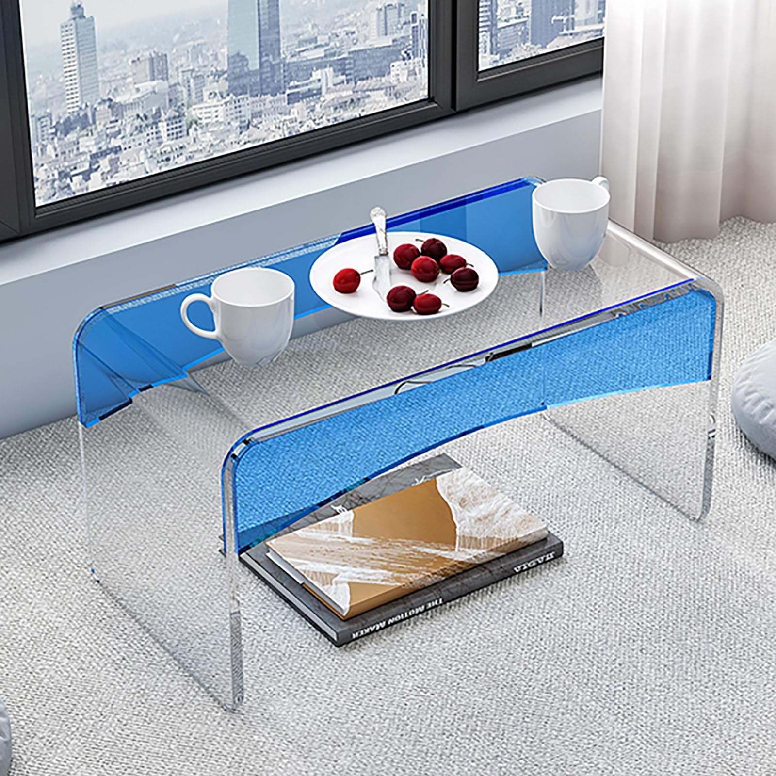 SXZenSpace C Shape Coffee Tables Clear Acrylic End Table Colorblock Design Living Room Modern Side Decorative Furniture(Blue,65cm/26in)
