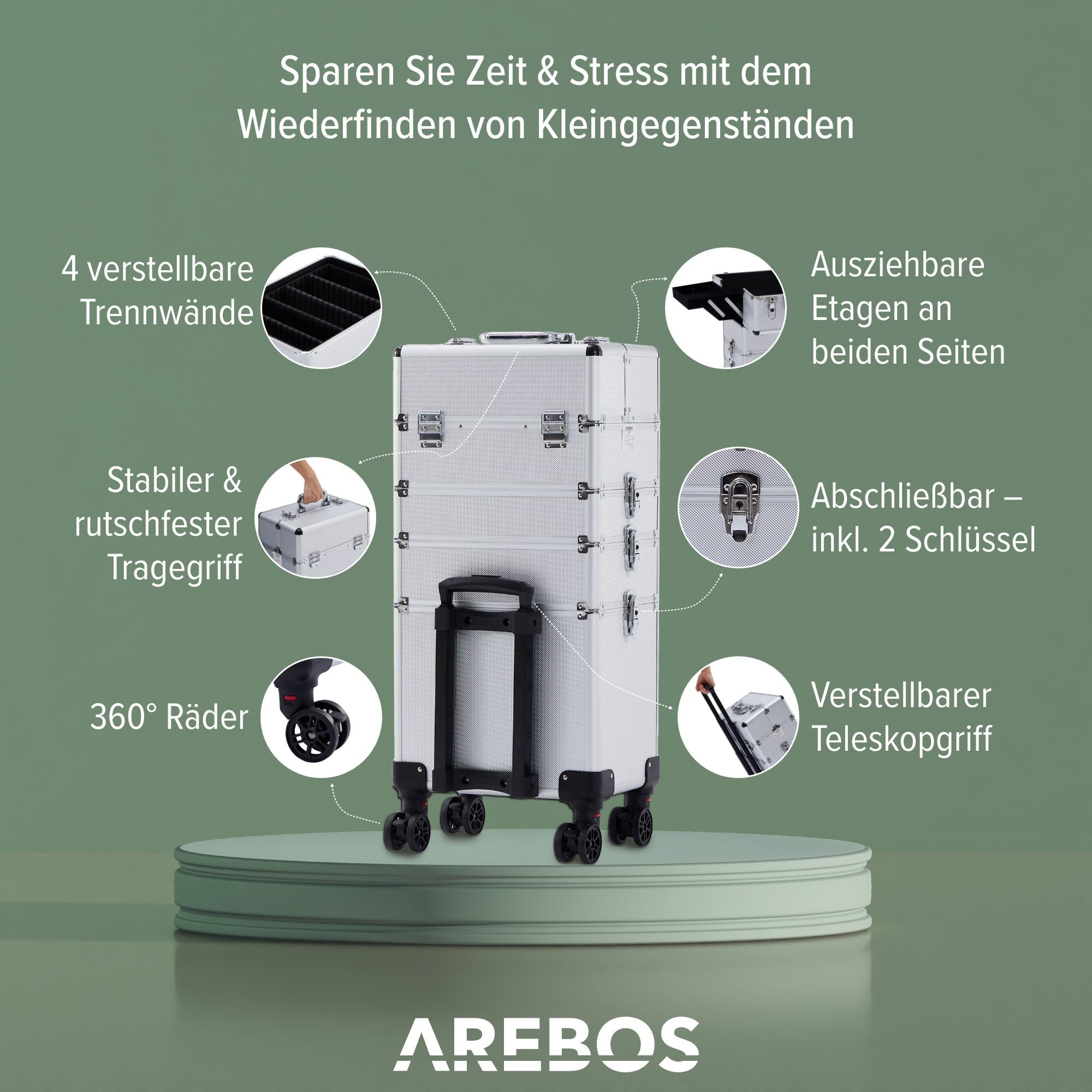 Arebos 4-in-1 Kosmetikkoffer | 4 Fächer & 1 Schublade | Teleskop- und Tragegriff | 8 Schlösser | 4X 360°-Rollen | Samtfutter | Trolley | Make-Up Koffer | Silber