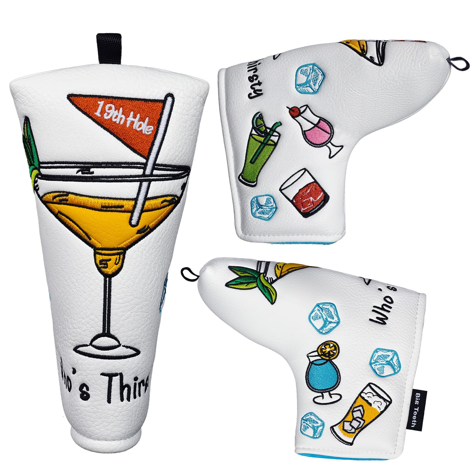 Golf Blade Ping-type Putter Head Cover Magnetic Closure Golf Club Protector White PU Leather 19th Hole Drink Pattern Embroidery