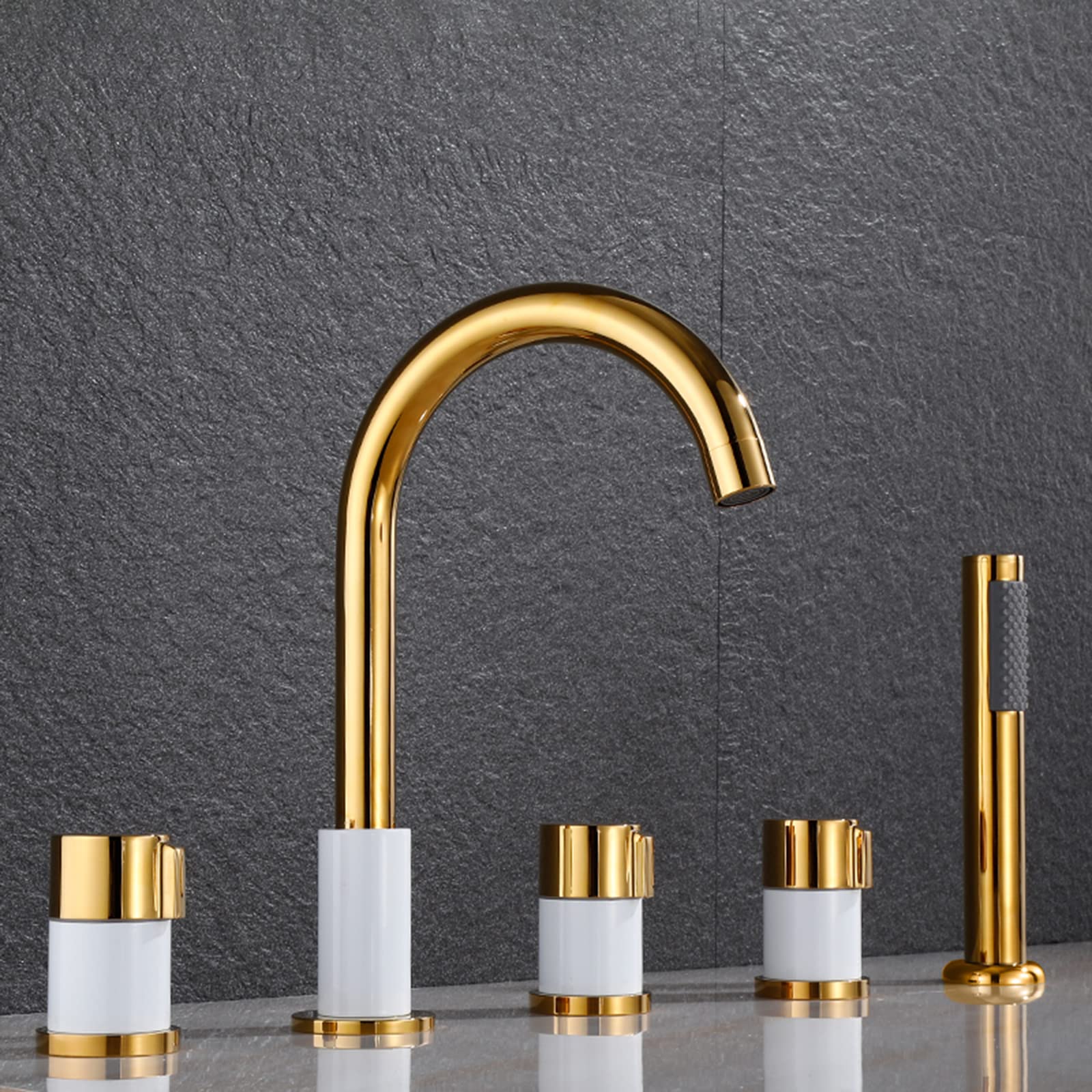 SWENEEN Modern Gold & Black Bath Mixer Tap Set With Pull-Out Hand Shower & Waterfall 5 Hole Bathroom Tub Faucet For Luxurious Spa Experience,Gold and White