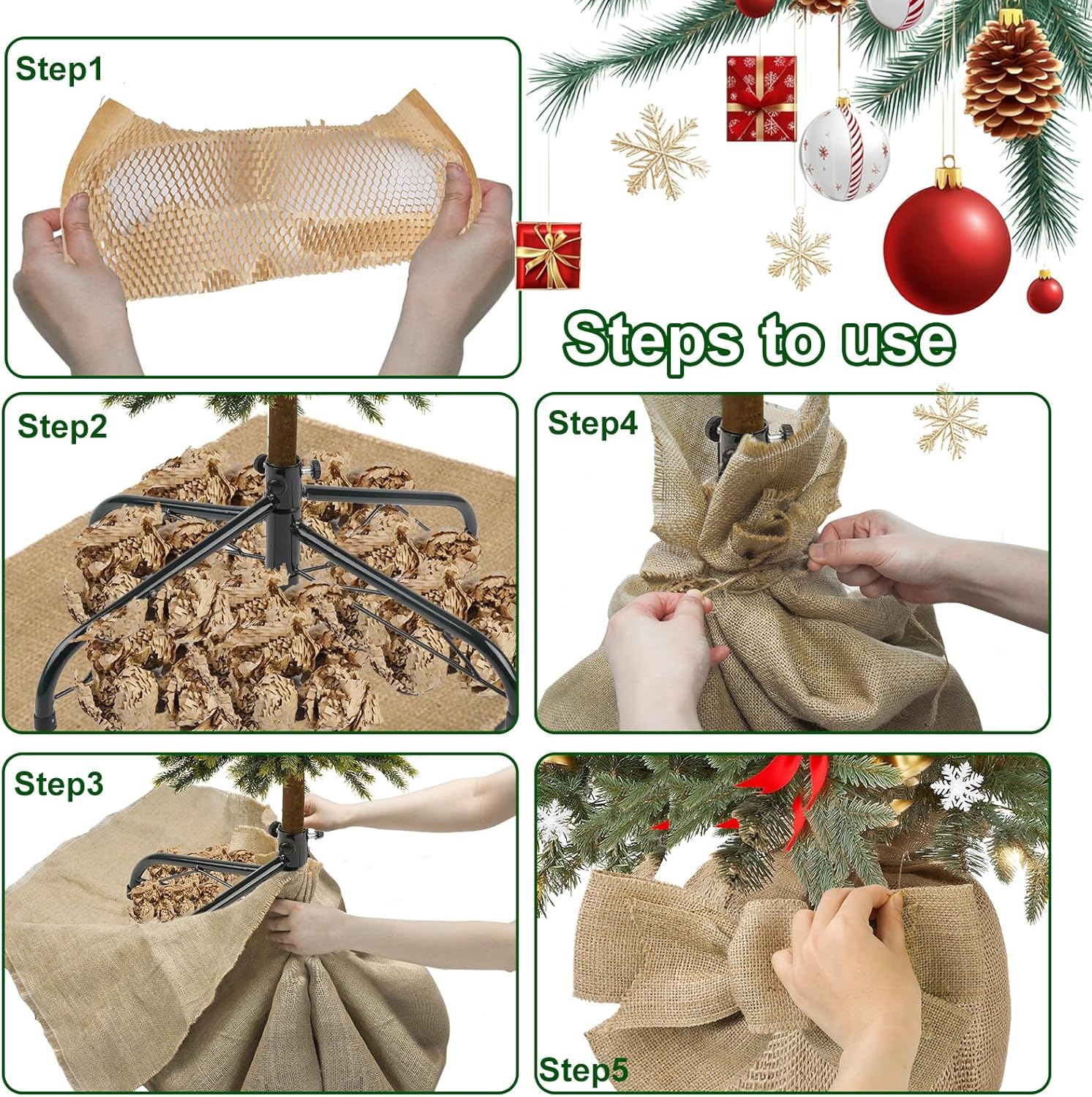 Burlap Bag Christmas Tree Base Cover, 51"X51" Rustic Burlap Cloth to Fully Wrap Christmas Tree Base Skirts Sack Decoration Vintage Tree Collars with Bows and 10Sheets Paper for Xmas Decor Home Crafts