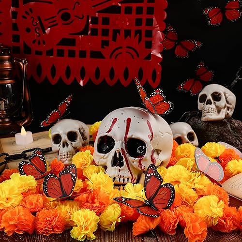 Miniatura 5 de Kigley Juego de 121 piezas de decoración del Día de los Muertos, flores de caléndula artificiales, kit de decoración de mariposa monarca para fiesta