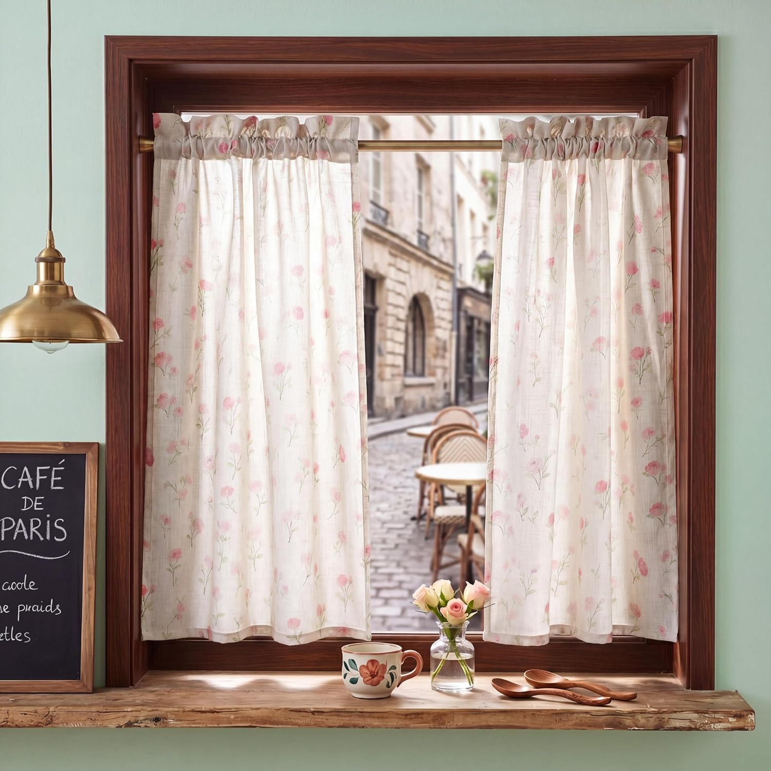 Floral Kitchen Curtains 36 Inch Tier Curtains Modern Style for Kitchen Windows Flower Cafe Style Rustic Short for Bathroom Laundry Room Small Window Decor 2 Panels (Pink)