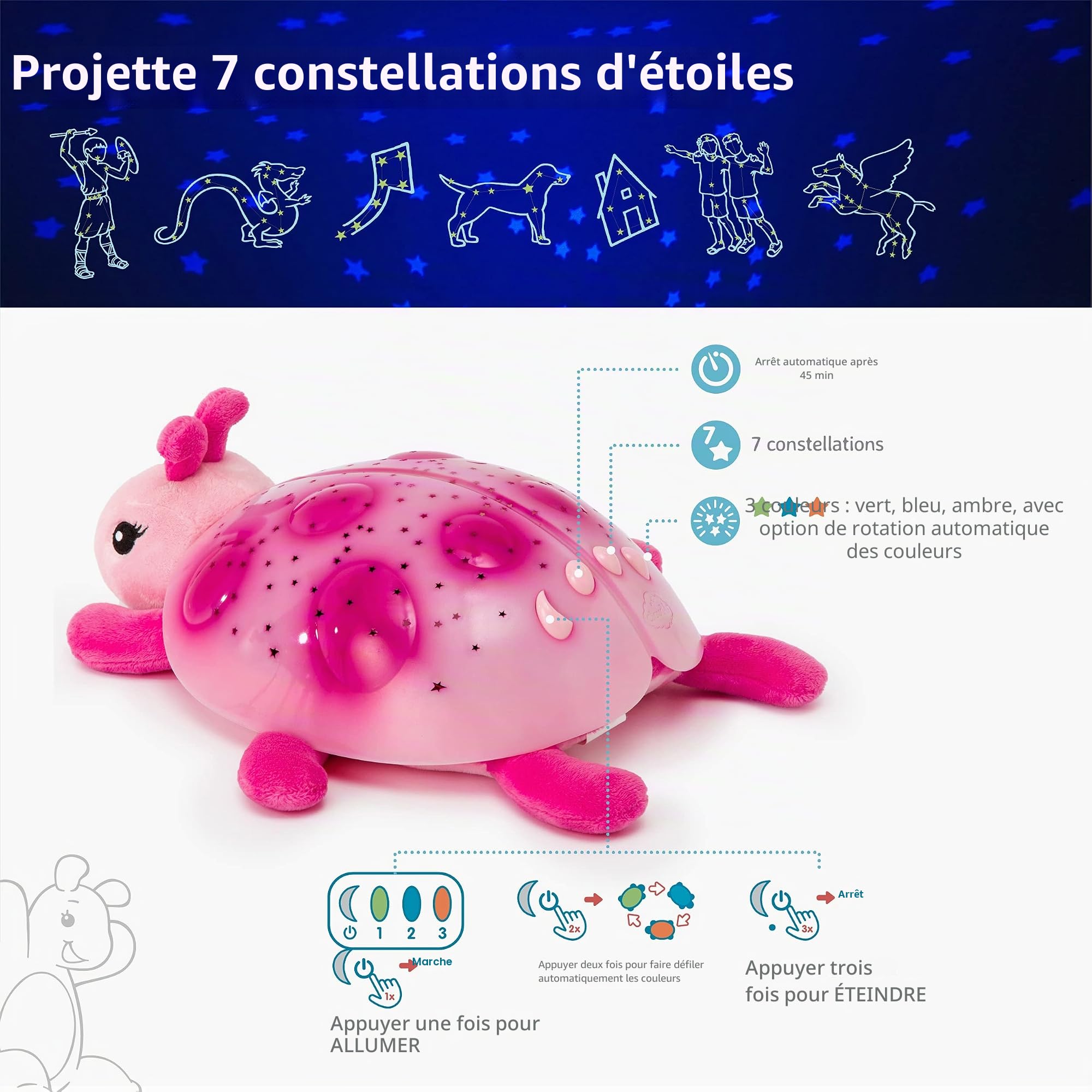 Cloud b Veilleuse Apaisante Projecteur d'étoiles | Luminosité douce | 3 Couleurs | 7 Constellations | Arrêt automatique | Veilleuse Tortue Twilight Ladybug Rose