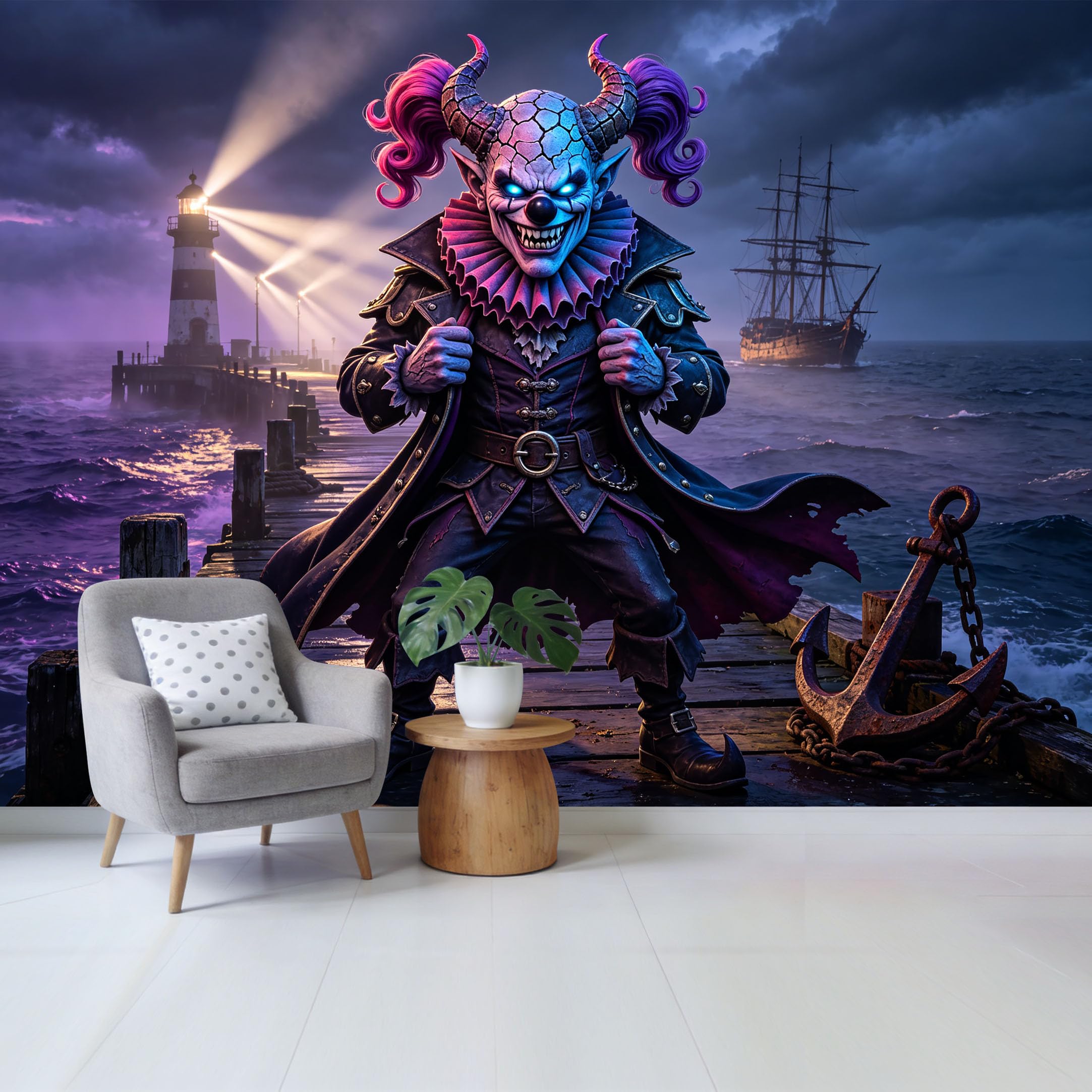 Custom Size Wall Mural Dark Fantasy Pirate Clown Coastal Lighthouse 3D Trompe L'Oeil Removable Self Adhesive Fabric，Home Wall Decor for Living Room Bedroom Bathroom