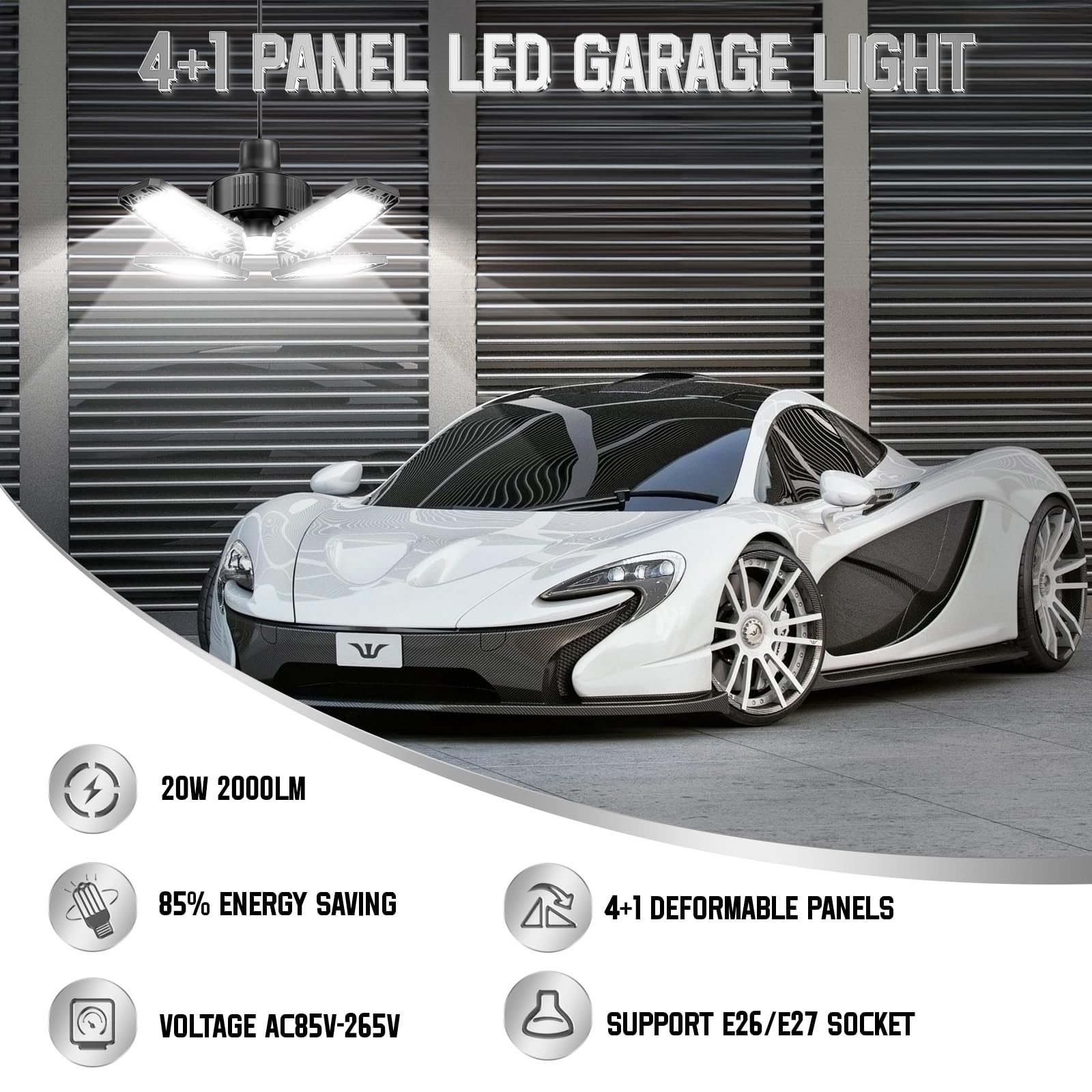 Luz de Garaje LED 6 Piezas 20W - 2000LM Luces Taller LED Garaje Techo con 4+1 Paneles Orientables 6500K E27/E26 para Industrial/Sótano (Equivalente a 120W)