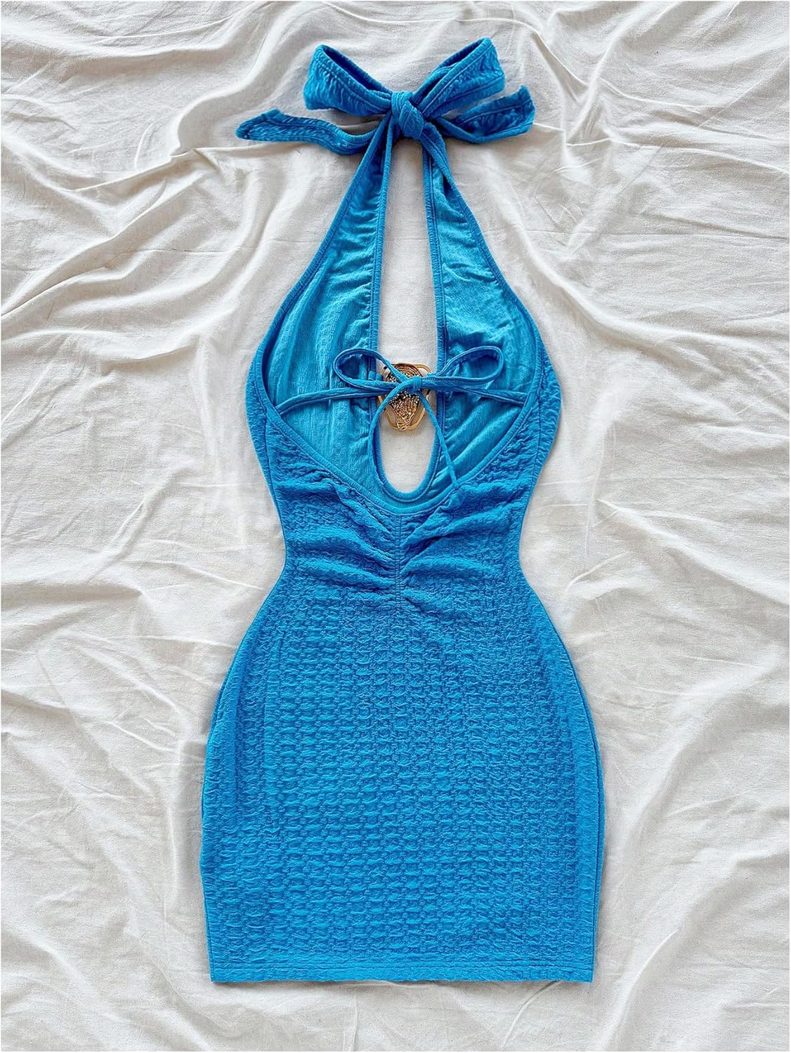 Milumia Women Metal Cut Out Backless Halter Mini Dress Sexy Textured Bodycon Pencil Dresses - Image 2