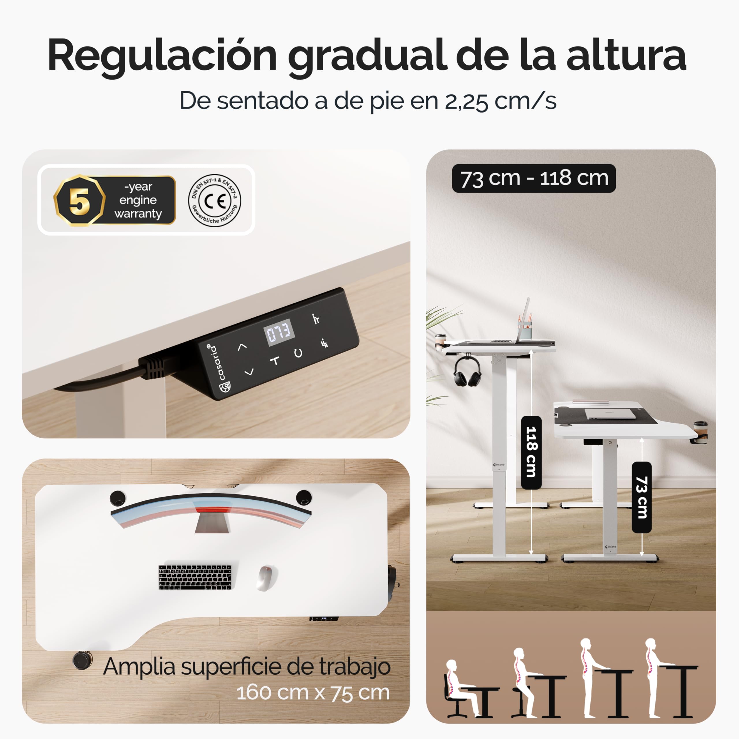 CASARIA® Escritorio Ajustable en Altura Acero Función Memoria 160x75cm Pantalla LCD Mesa Gaming Ergonómica Oficina