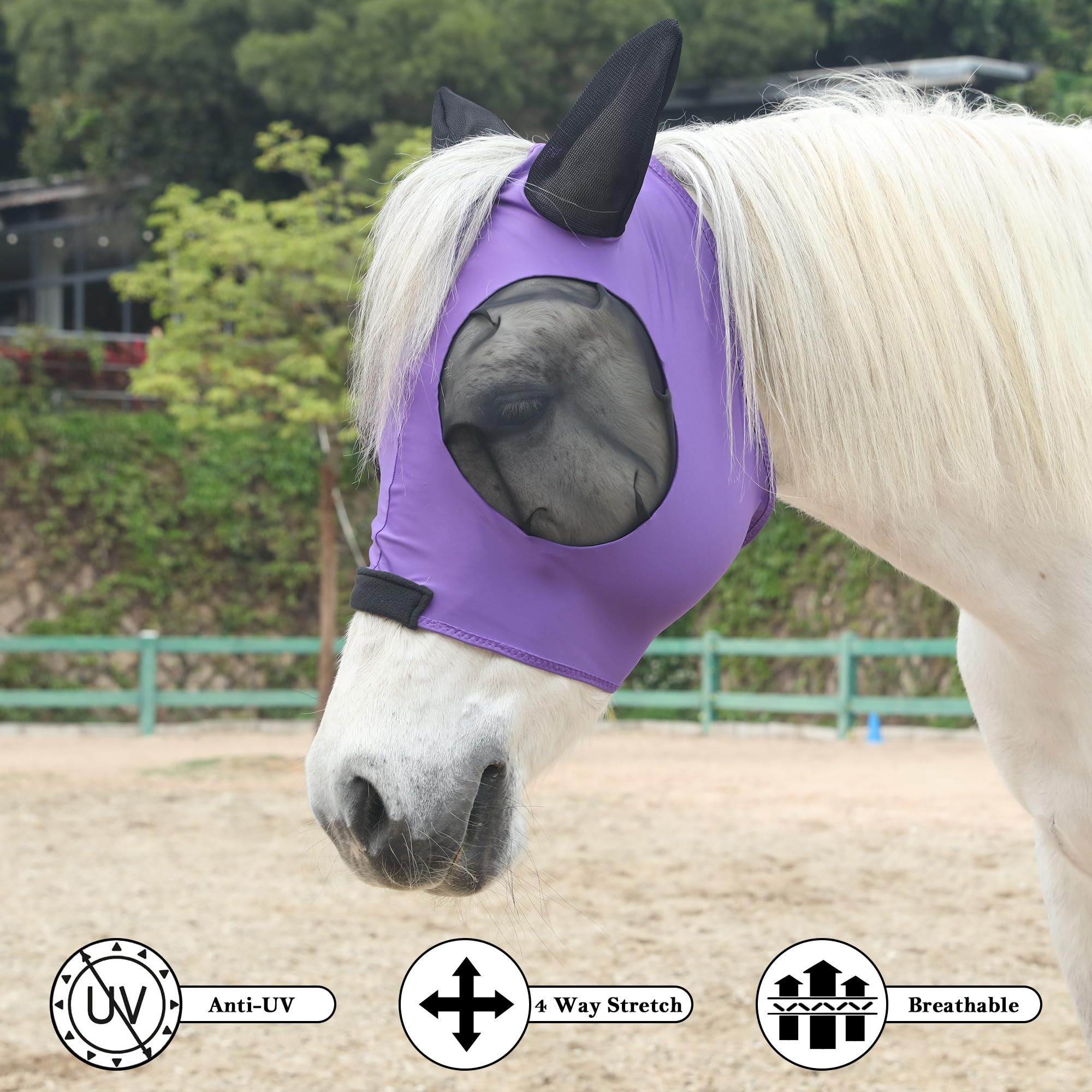 Gallopoff Horse Fly Mask Large Eye Space with Ears, Super Comfort Stretchy UV Protection for Horse Purple Full - Image 4
